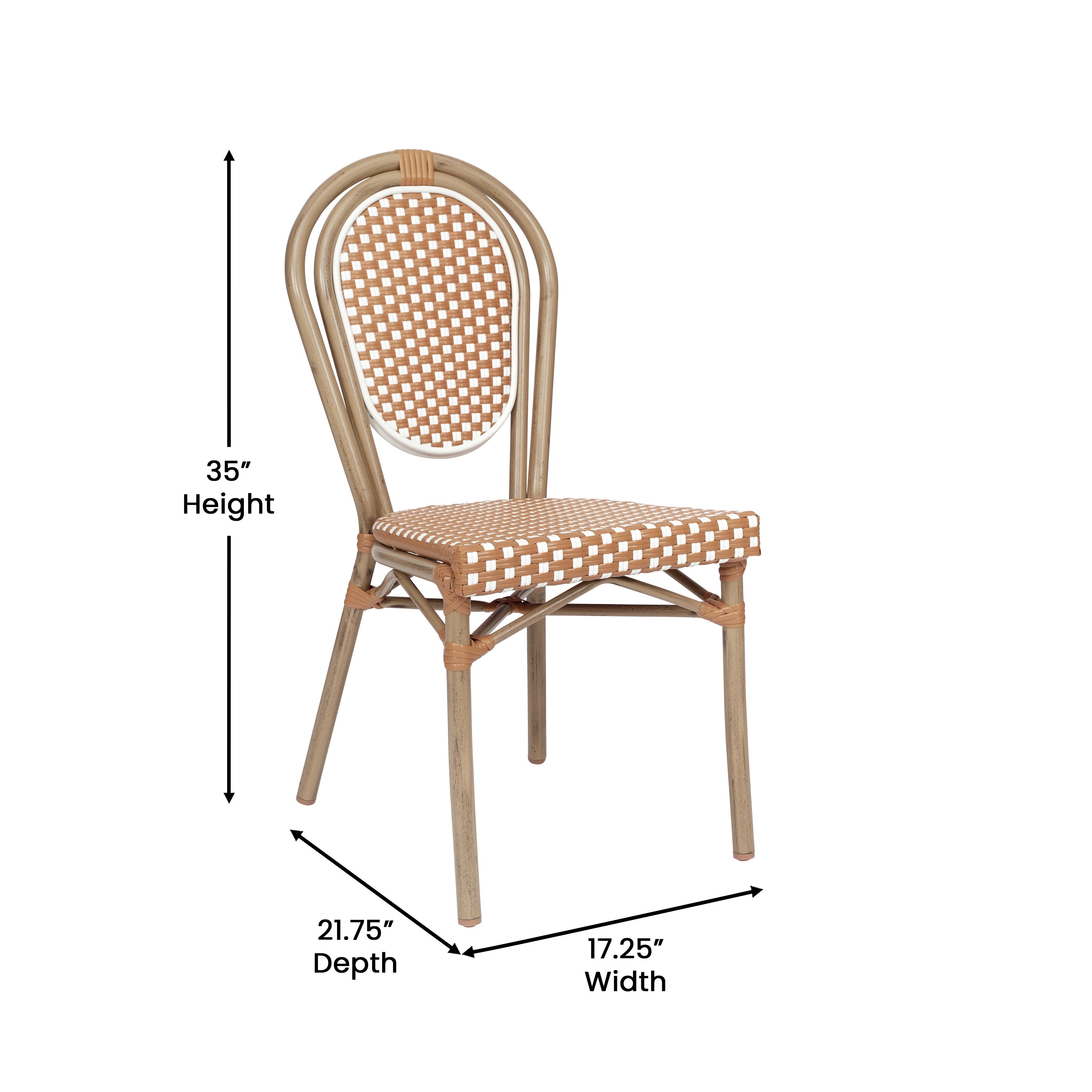 Lourdes Indoor/Outdoor Commercial Thonet Bistro Stacking Chair, Natural/White PE Rattan and Bamboo Print Aluminum Frame in Light Natural