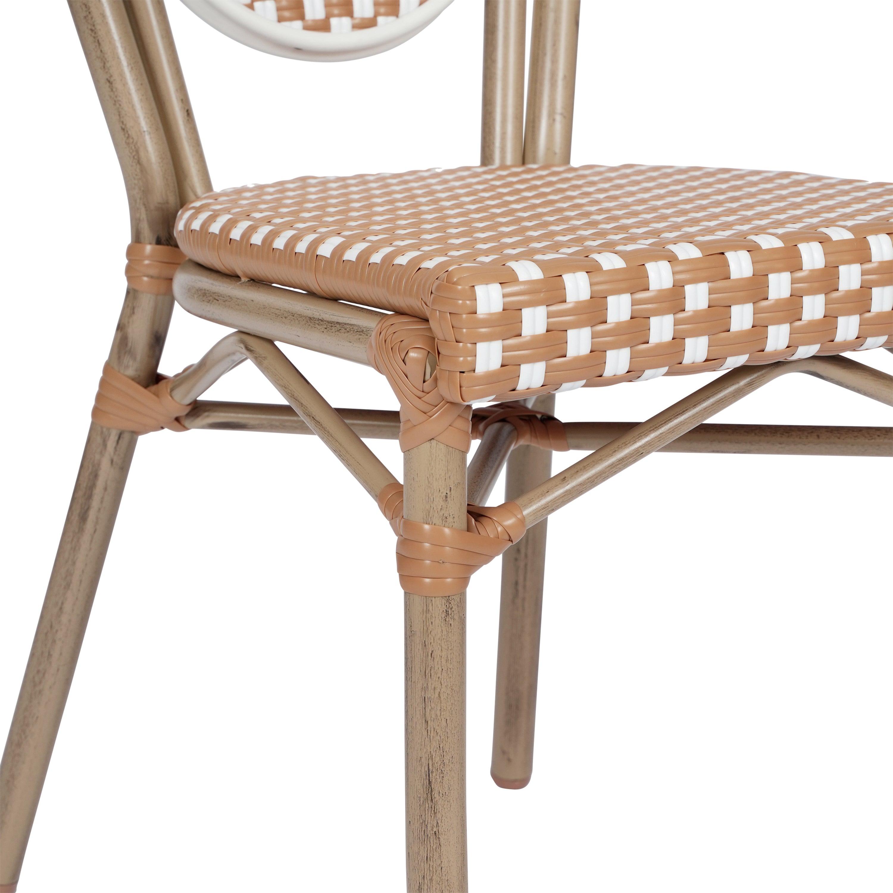 Lourdes Indoor/Outdoor Commercial Thonet Bistro Stacking Chair, Natural/White PE Rattan and Bamboo Print Aluminum Frame in Light Natural