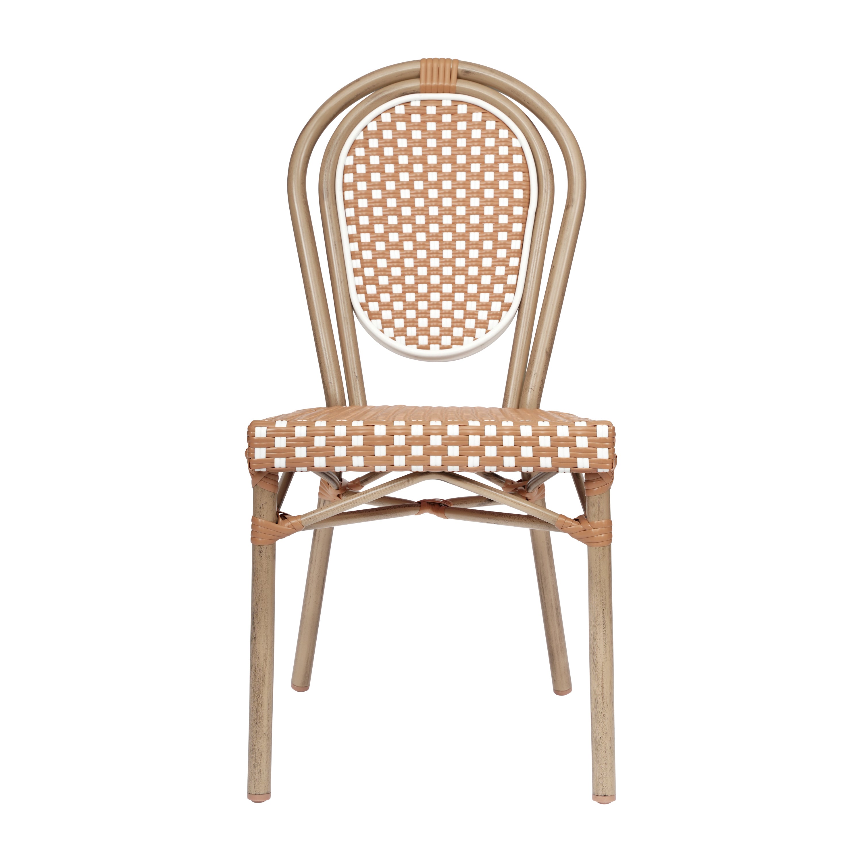Lourdes Indoor/Outdoor Commercial Thonet Bistro Stacking Chair, Natural/White PE Rattan and Bamboo Print Aluminum Frame in Light Natural