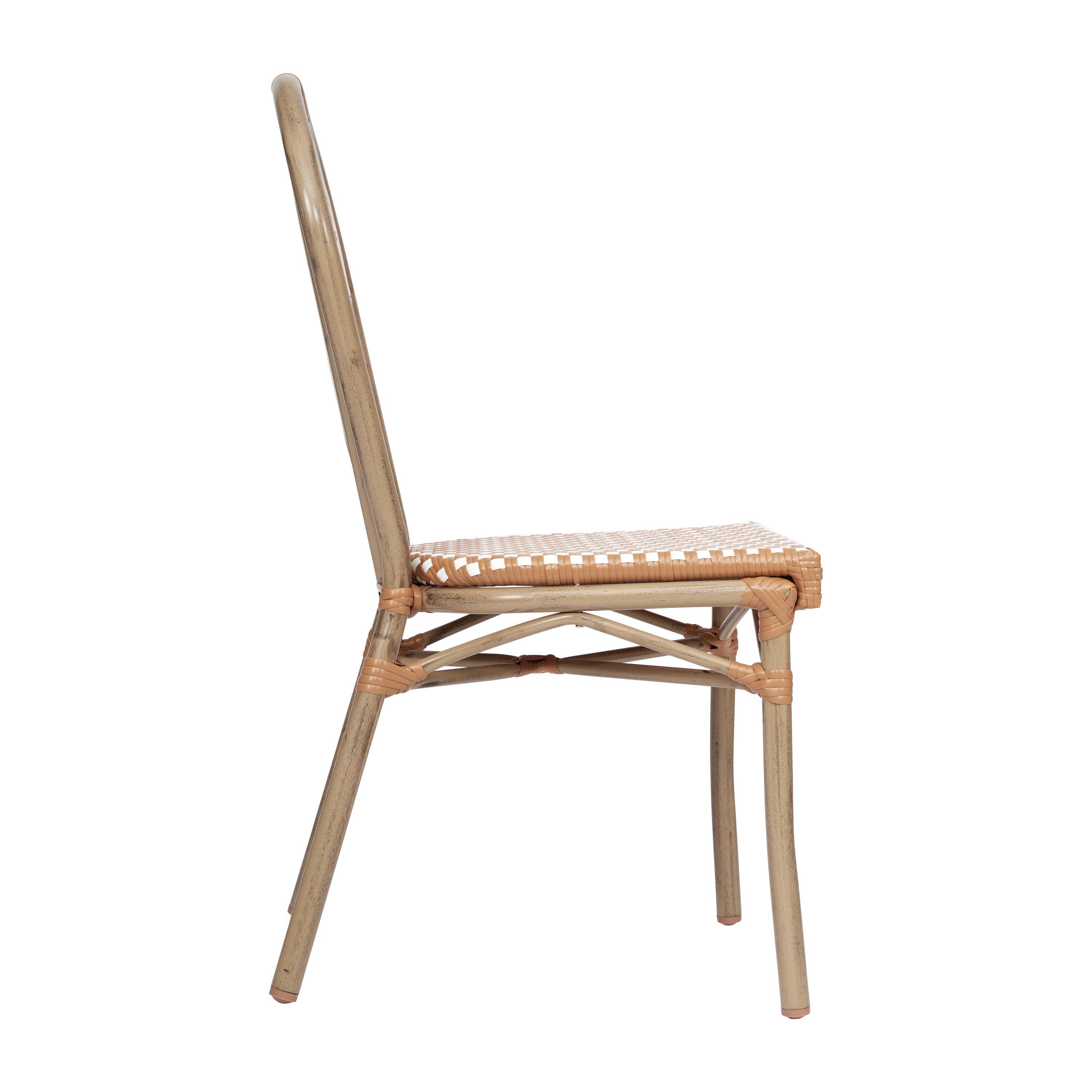 Lourdes Indoor/Outdoor Commercial Thonet Bistro Stacking Chair, Natural/White PE Rattan and Bamboo Print Aluminum Frame in Light Natural
