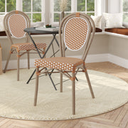 Lourdes Indoor/Outdoor Commercial Thonet Bistro Stacking Chair, Natural/White PE Rattan and Bamboo Print Aluminum Frame in Light Natural