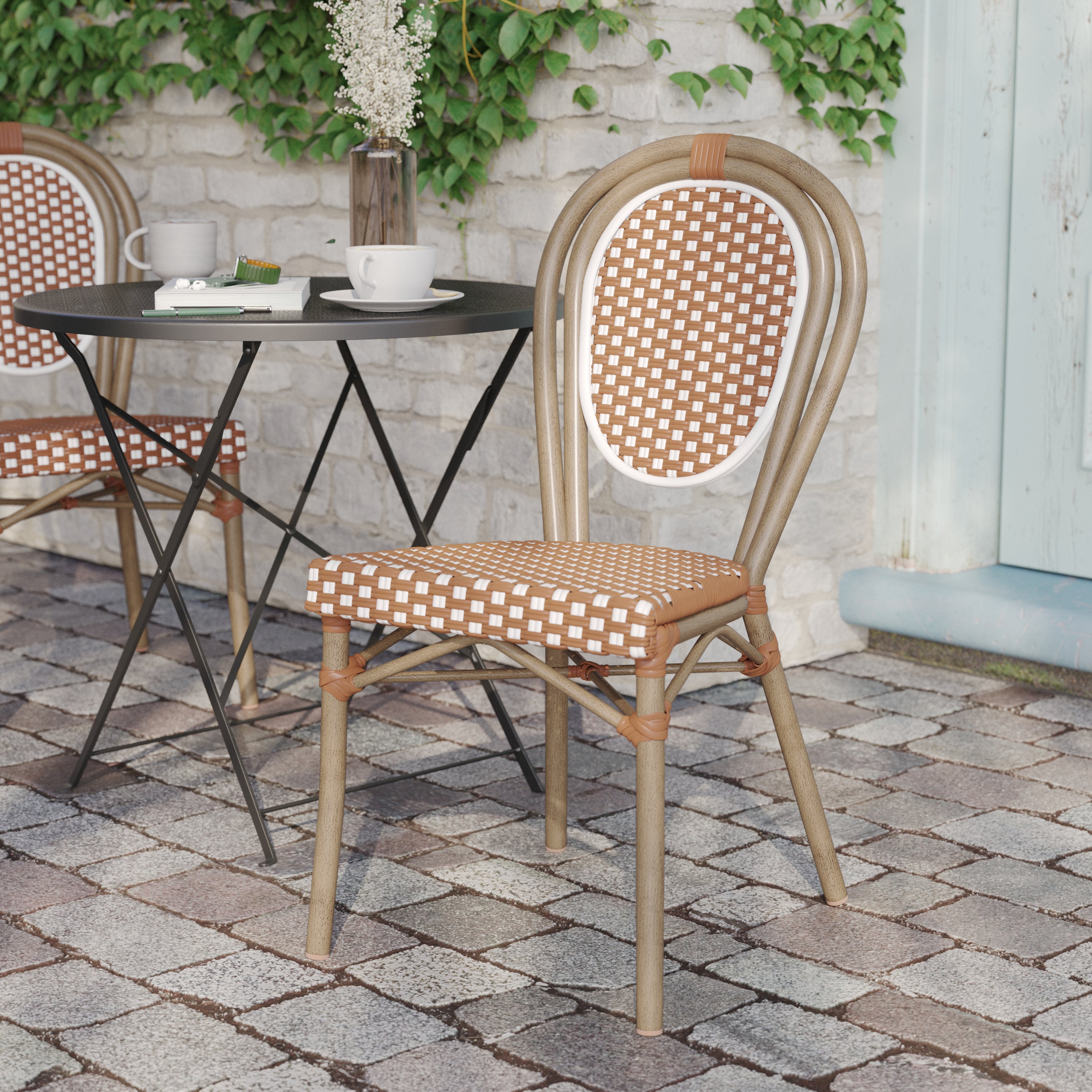 Lourdes Indoor/Outdoor Commercial Thonet Bistro Stacking Chair, Natural/White PE Rattan and Bamboo Print Aluminum Frame in Light Natural