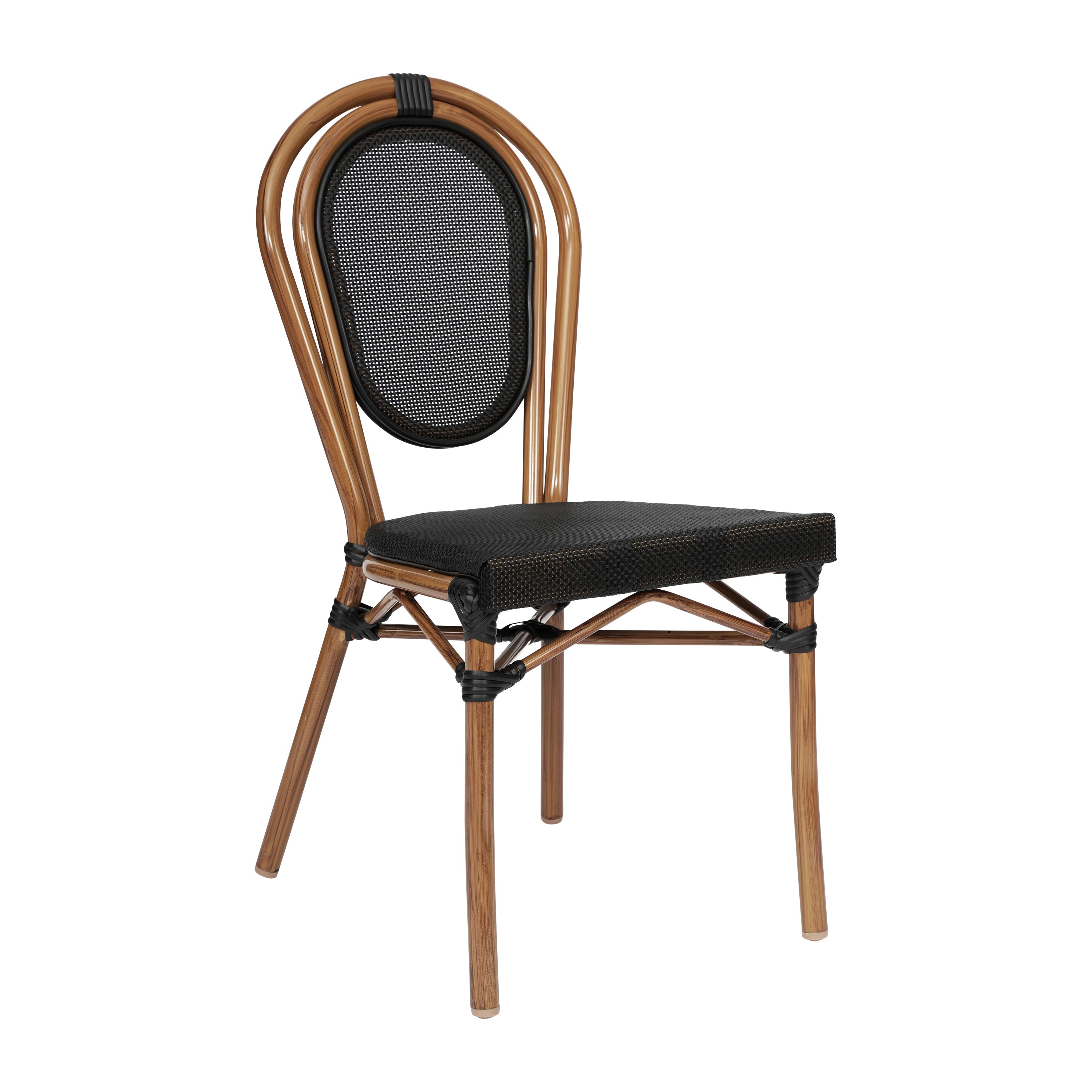 Marseille Indoor/Outdoor Commercial Thonet Bistro Stacking Chair, Black Textilene and Bamboo Print Aluminum Frame in Natural