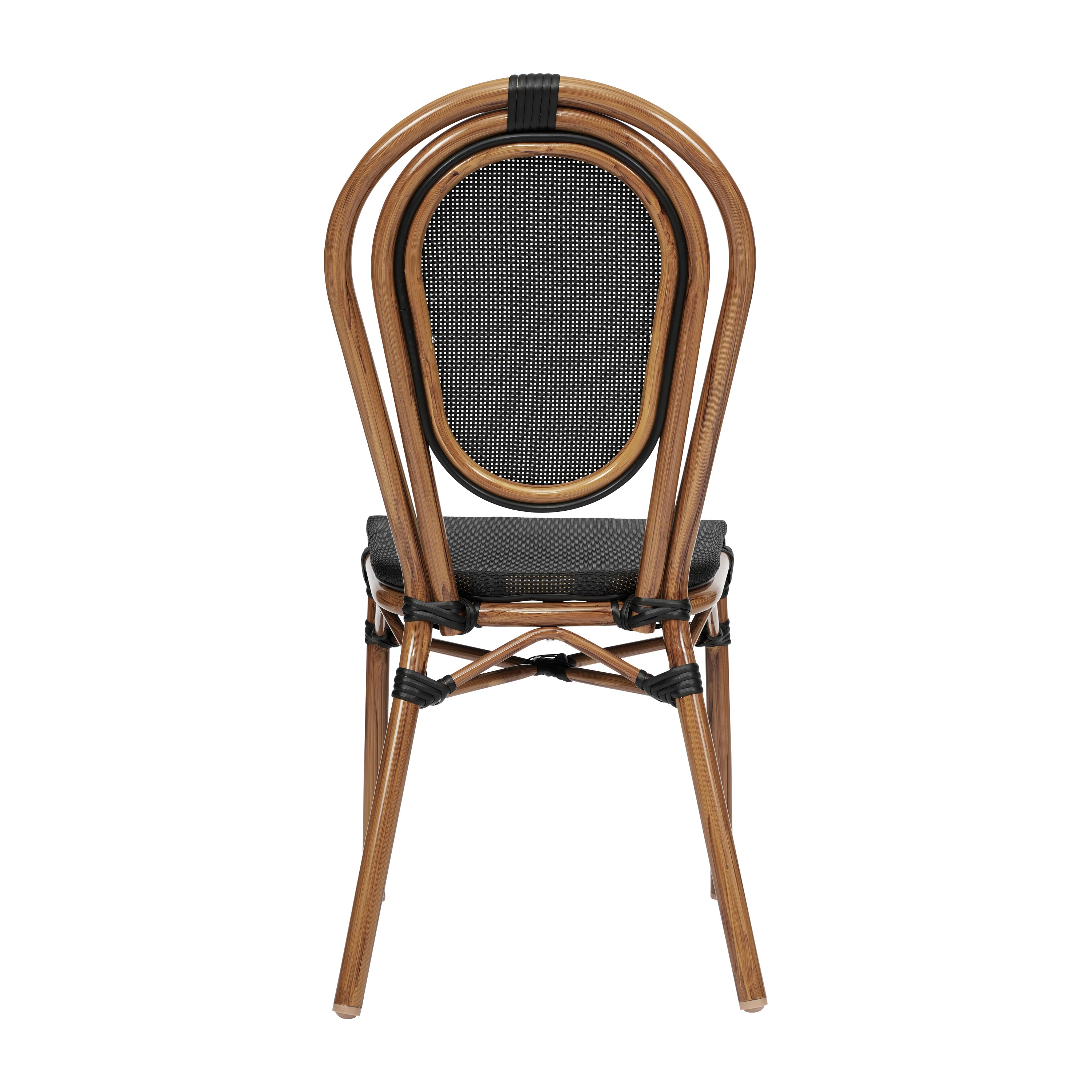 Marseille Indoor/Outdoor Commercial Thonet Bistro Stacking Chair, Black Textilene and Bamboo Print Aluminum Frame in Natural