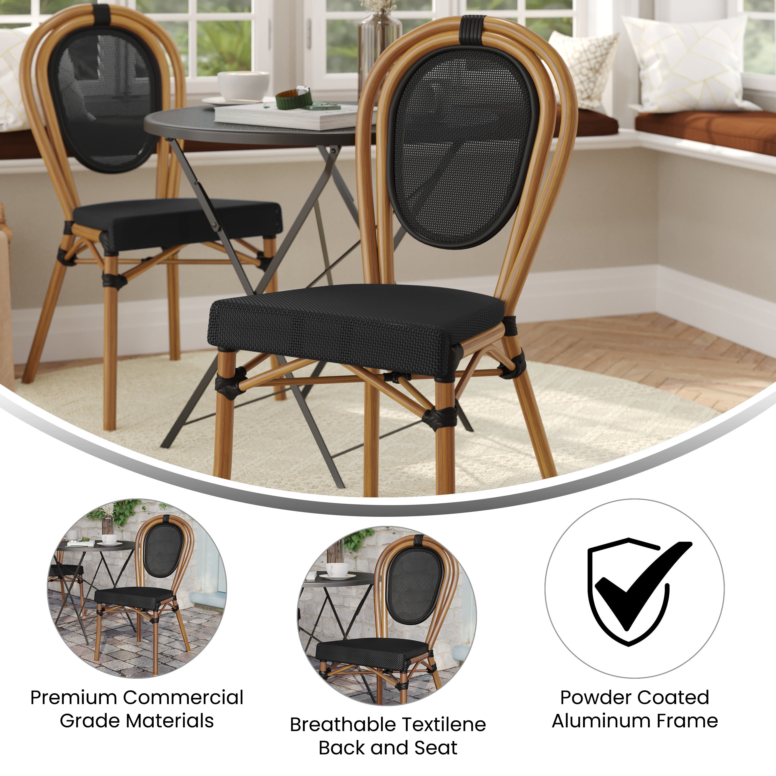 Marseille Indoor/Outdoor Commercial Thonet Bistro Stacking Chair, Black Textilene and Bamboo Print Aluminum Frame in Natural