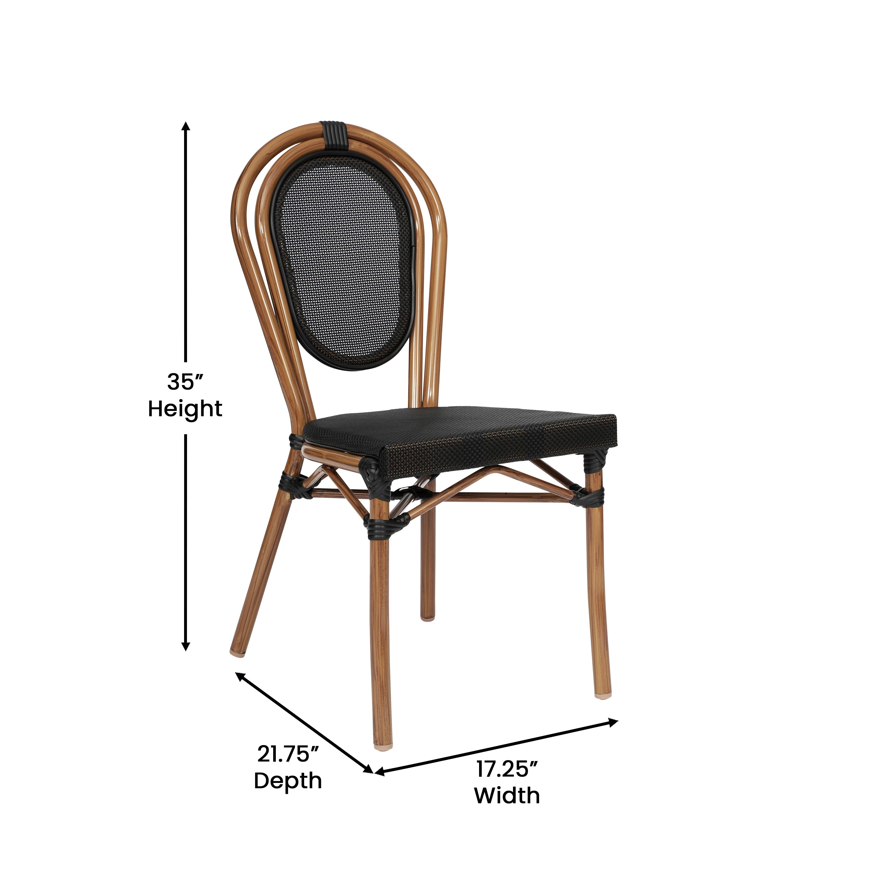 Marseille Indoor/Outdoor Commercial Thonet Bistro Stacking Chair, Black Textilene and Bamboo Print Aluminum Frame in Natural