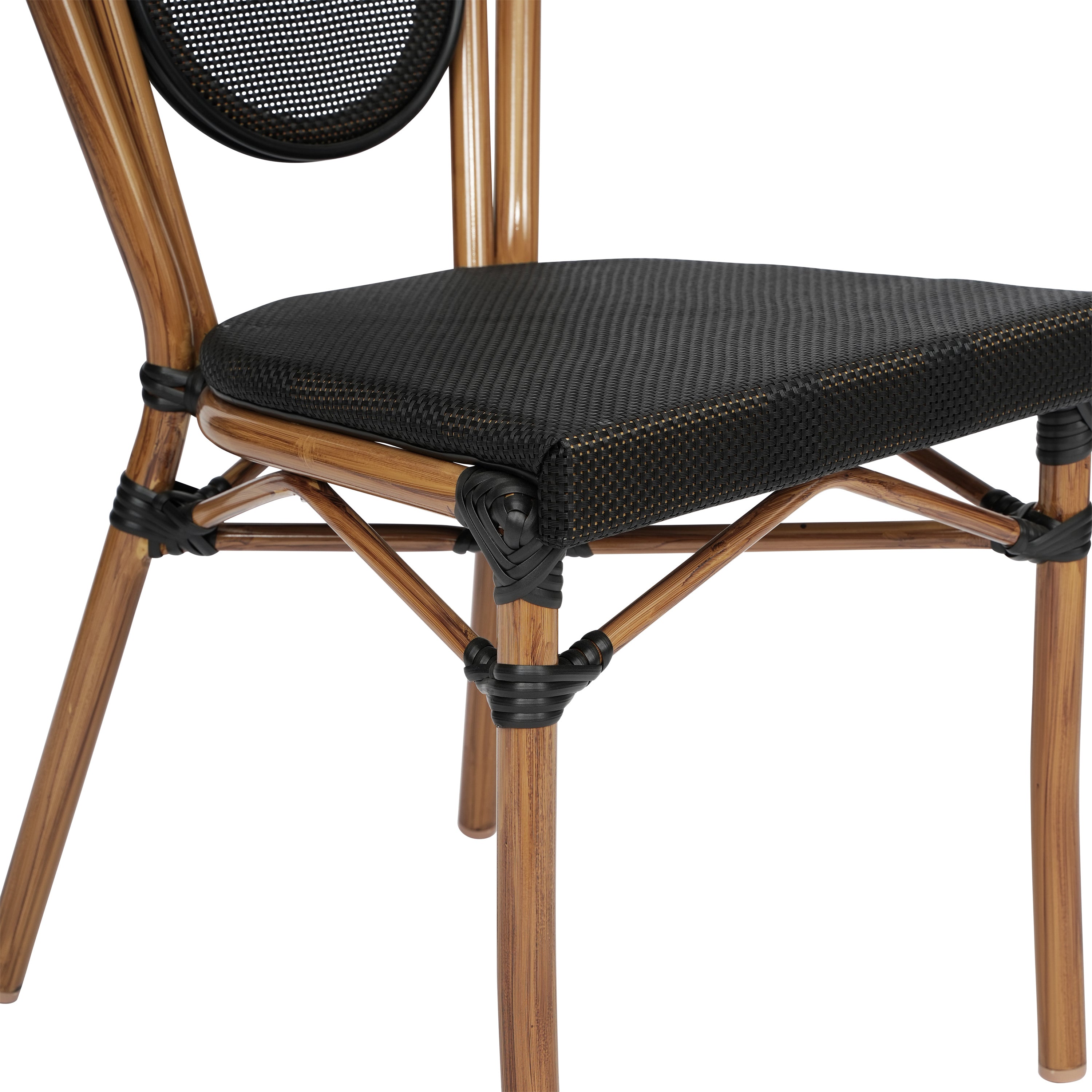 Marseille Indoor/Outdoor Commercial Thonet Bistro Stacking Chair, Black Textilene and Bamboo Print Aluminum Frame in Natural