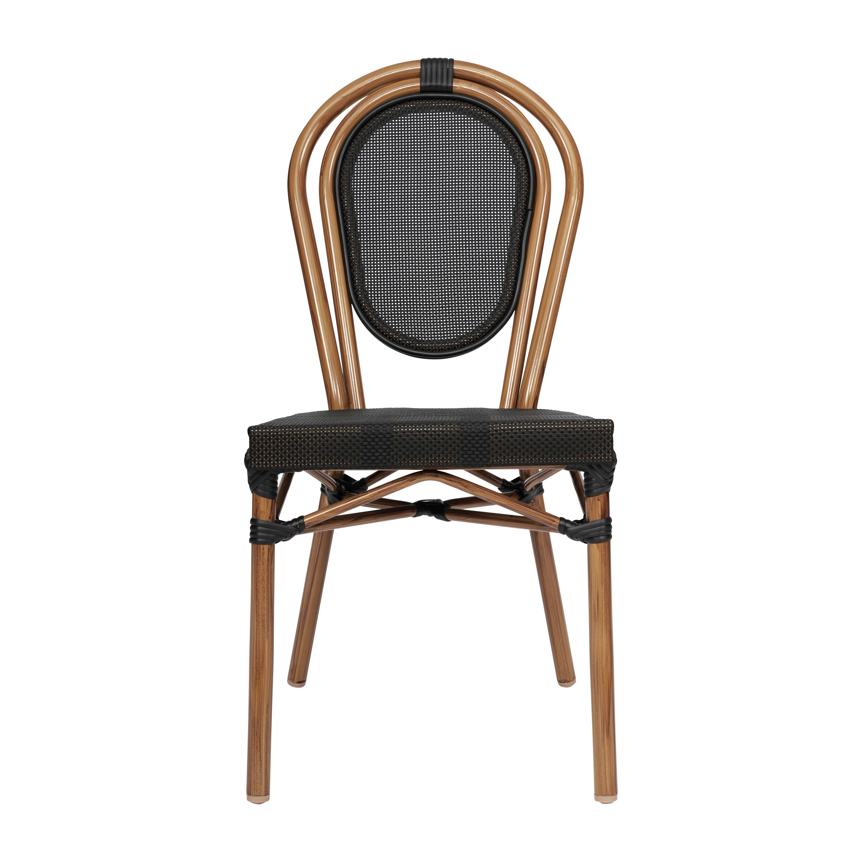 Marseille Indoor/Outdoor Commercial Thonet Bistro Stacking Chair, Black Textilene and Bamboo Print Aluminum Frame in Natural