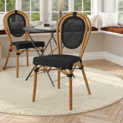Marseille Indoor/Outdoor Commercial Thonet Bistro Stacking Chair, Black Textilene and Bamboo Print Aluminum Frame in Natural