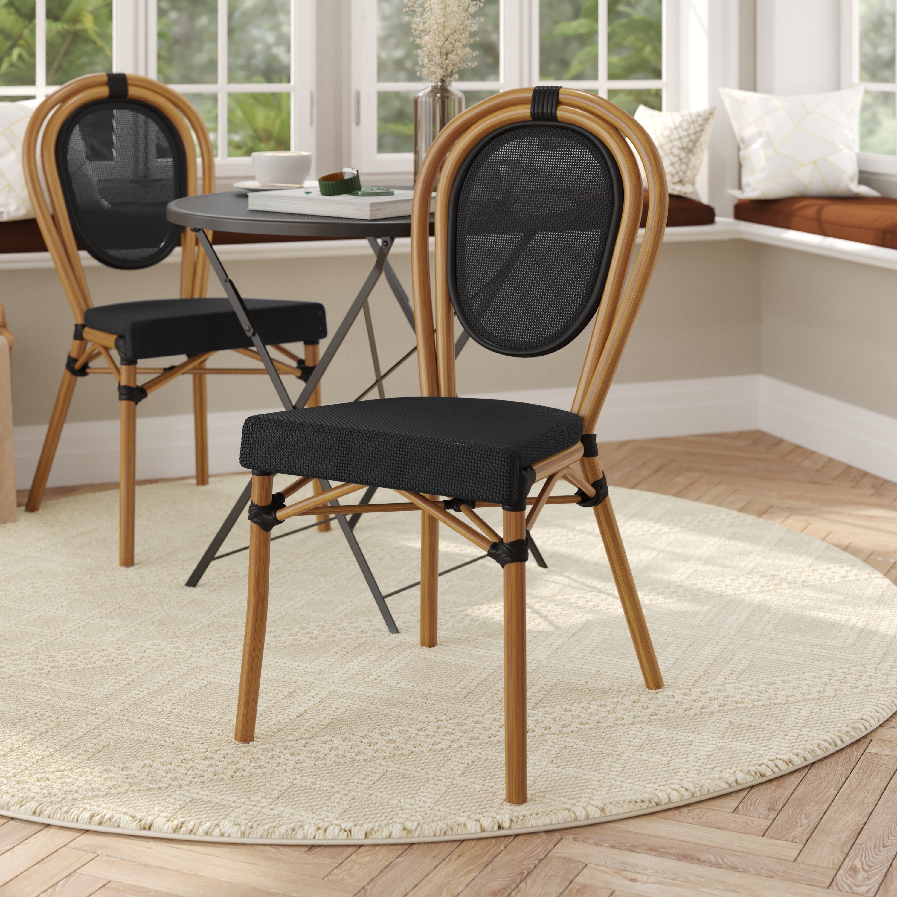 Marseille Indoor/Outdoor Commercial Thonet Bistro Stacking Chair, Black Textilene and Bamboo Print Aluminum Frame in Natural