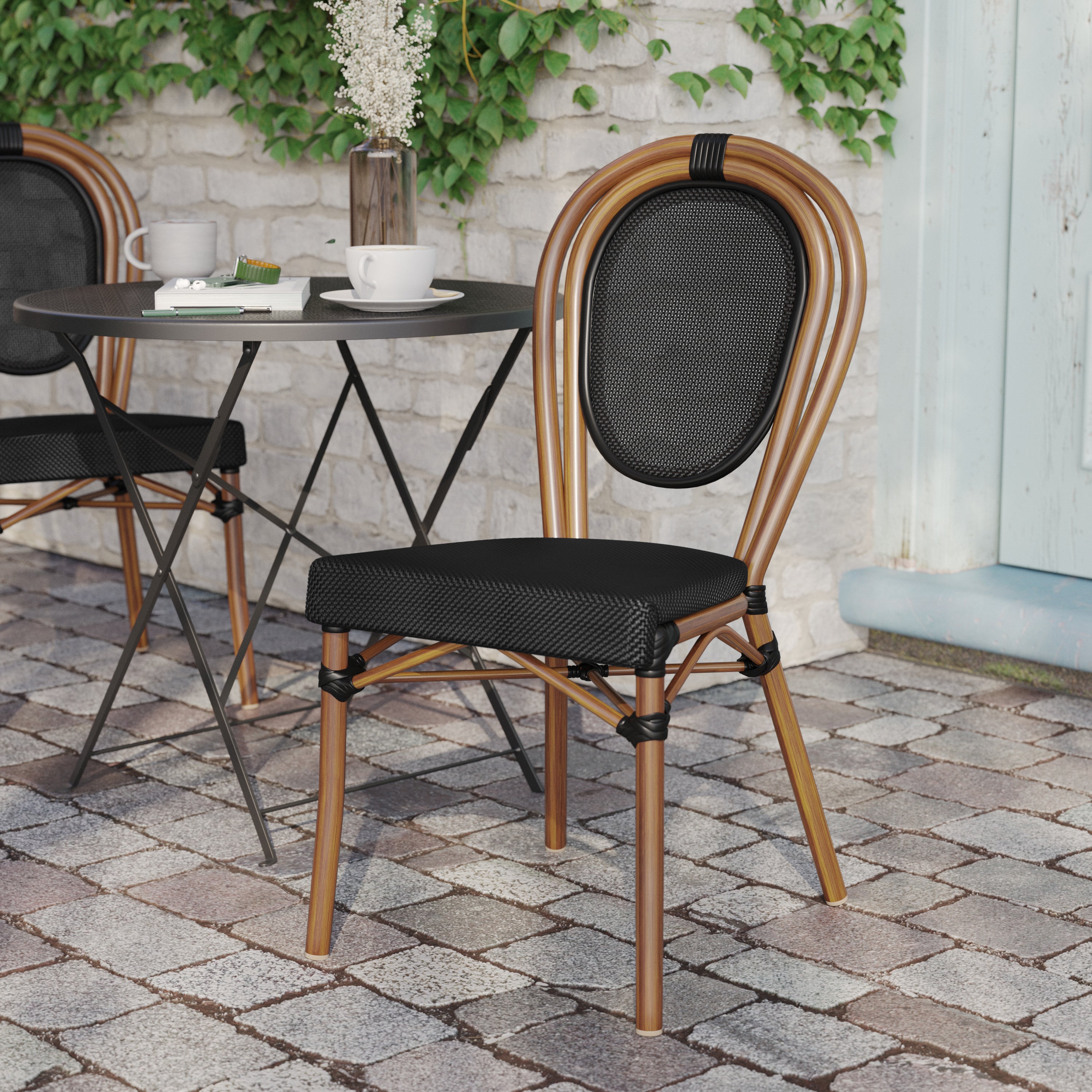 Marseille Indoor/Outdoor Commercial Thonet Bistro Stacking Chair, Black Textilene and Bamboo Print Aluminum Frame in Natural