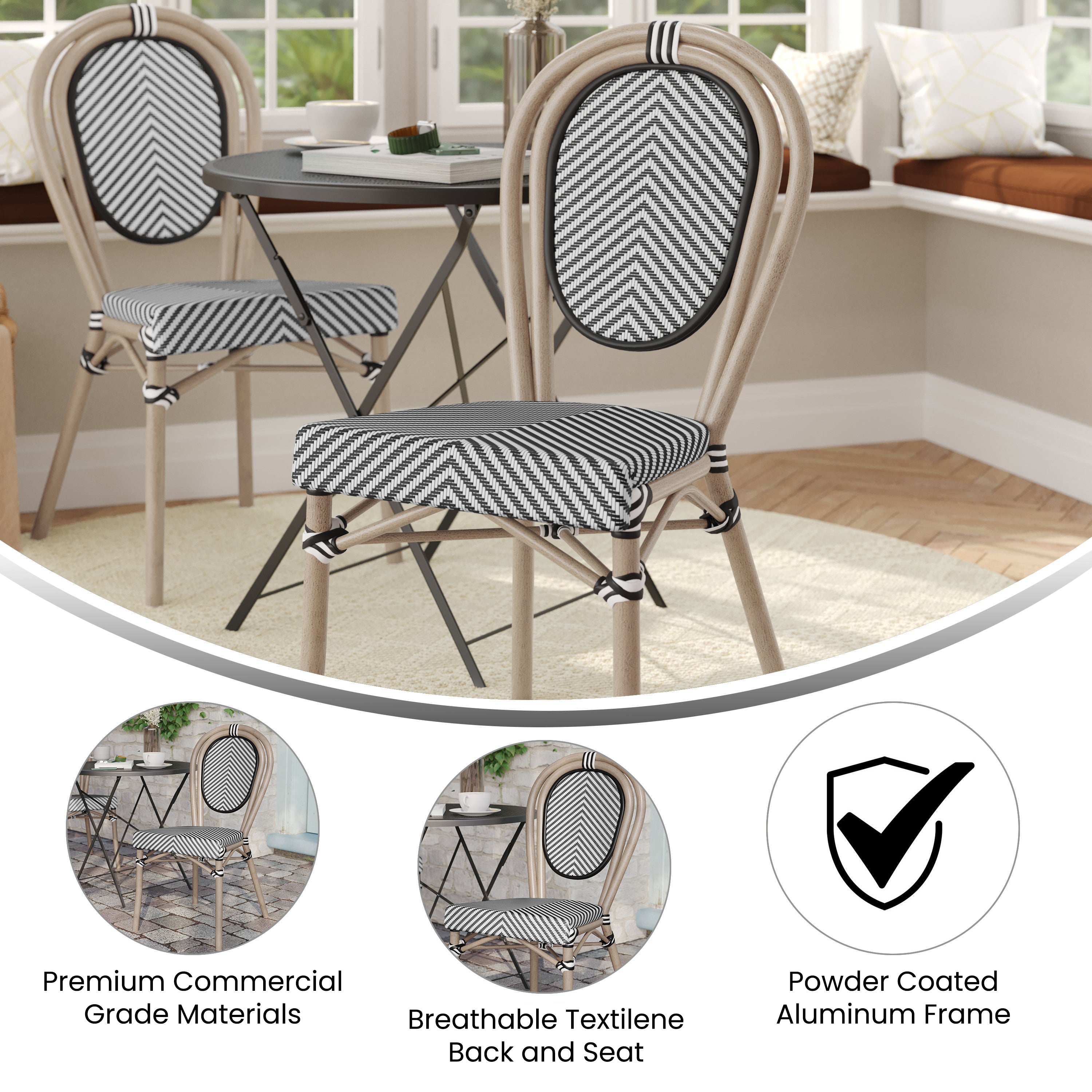 Marseille Indoor/Outdoor Commercial Thonet Bistro Stacking Chair, Black/White Textilene and Bamboo Print Aluminum Frame in LT Natural