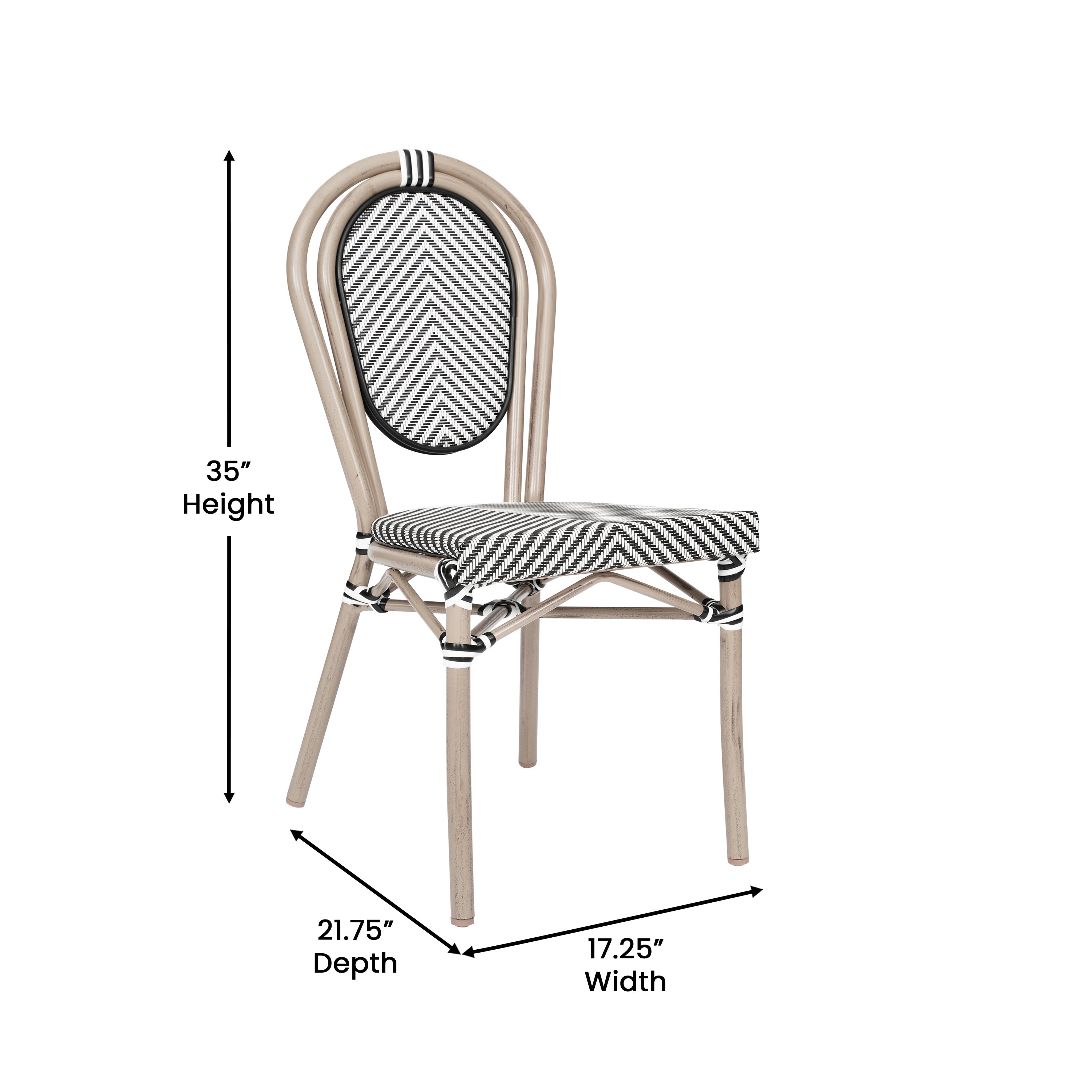 Marseille Indoor/Outdoor Commercial Thonet Bistro Stacking Chair, Black/White Textilene and Bamboo Print Aluminum Frame in LT Natural