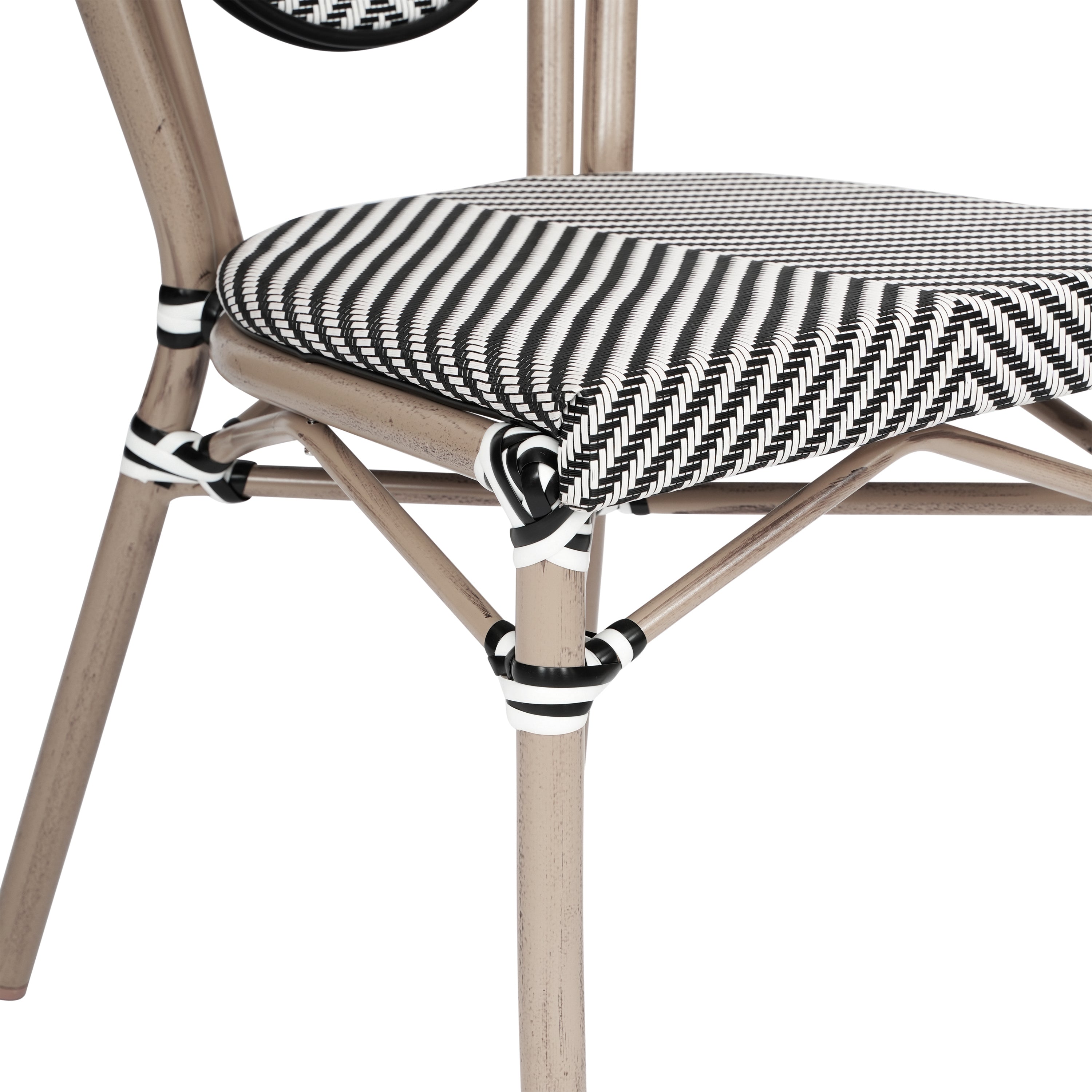 Marseille Indoor/Outdoor Commercial Thonet Bistro Stacking Chair, Black/White Textilene and Bamboo Print Aluminum Frame in LT Natural