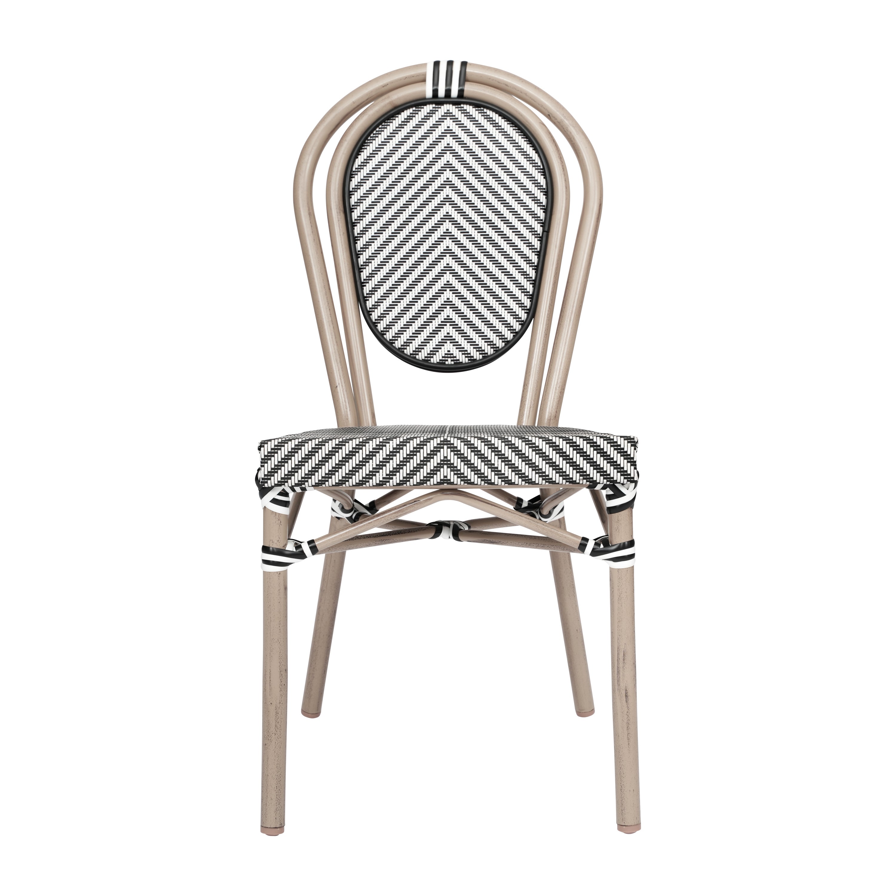 Marseille Indoor/Outdoor Commercial Thonet Bistro Stacking Chair, Black/White Textilene and Bamboo Print Aluminum Frame in LT Natural