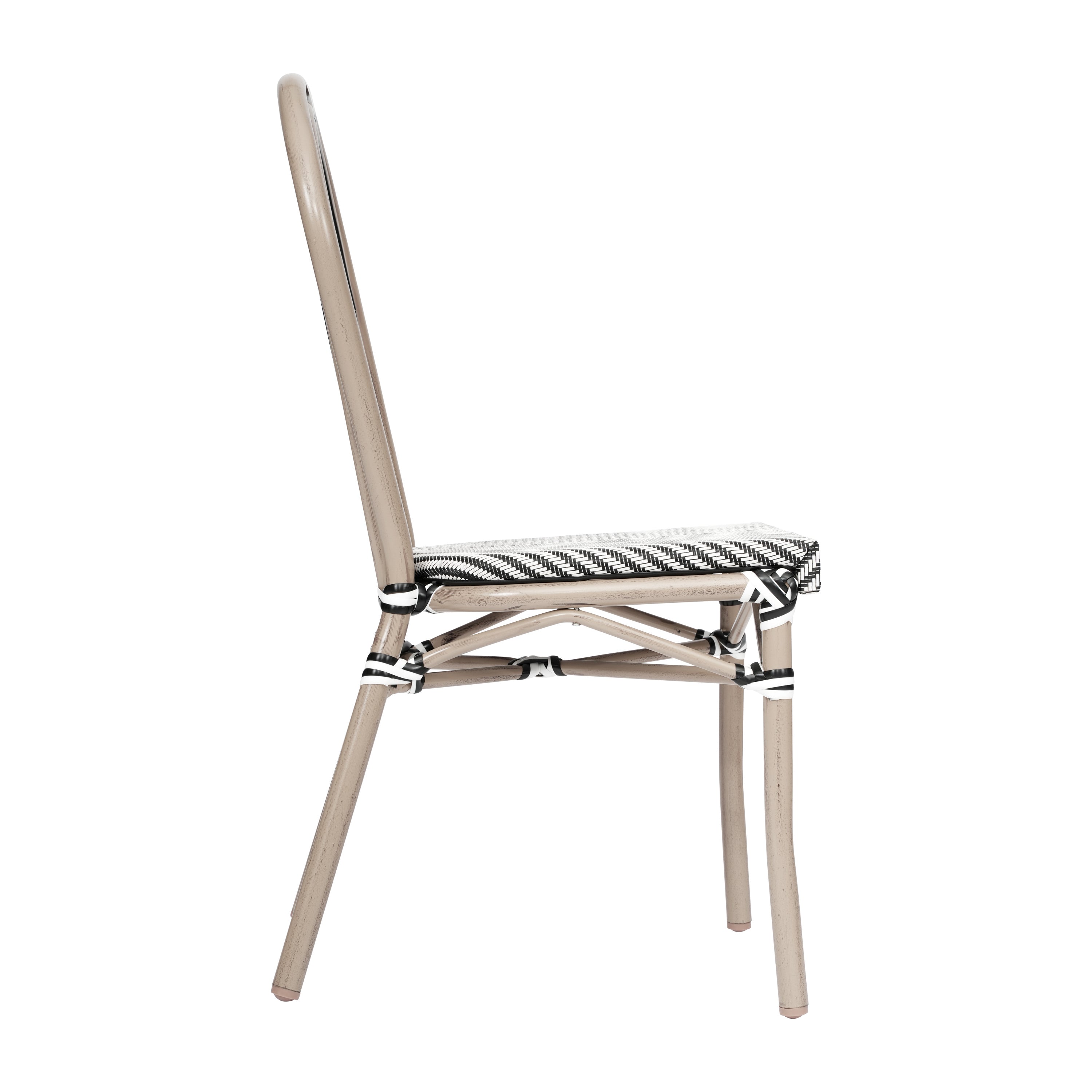 Marseille Indoor/Outdoor Commercial Thonet Bistro Stacking Chair, Black/White Textilene and Bamboo Print Aluminum Frame in LT Natural