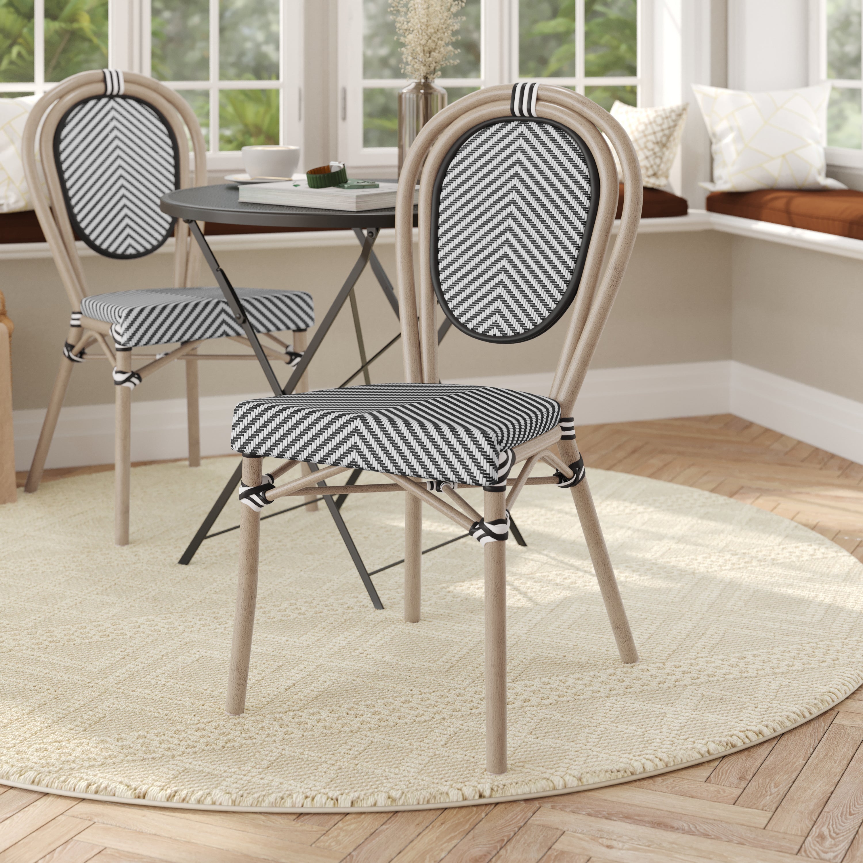Marseille Indoor/Outdoor Commercial Thonet Bistro Stacking Chair, Black/White Textilene and Bamboo Print Aluminum Frame in LT Natural