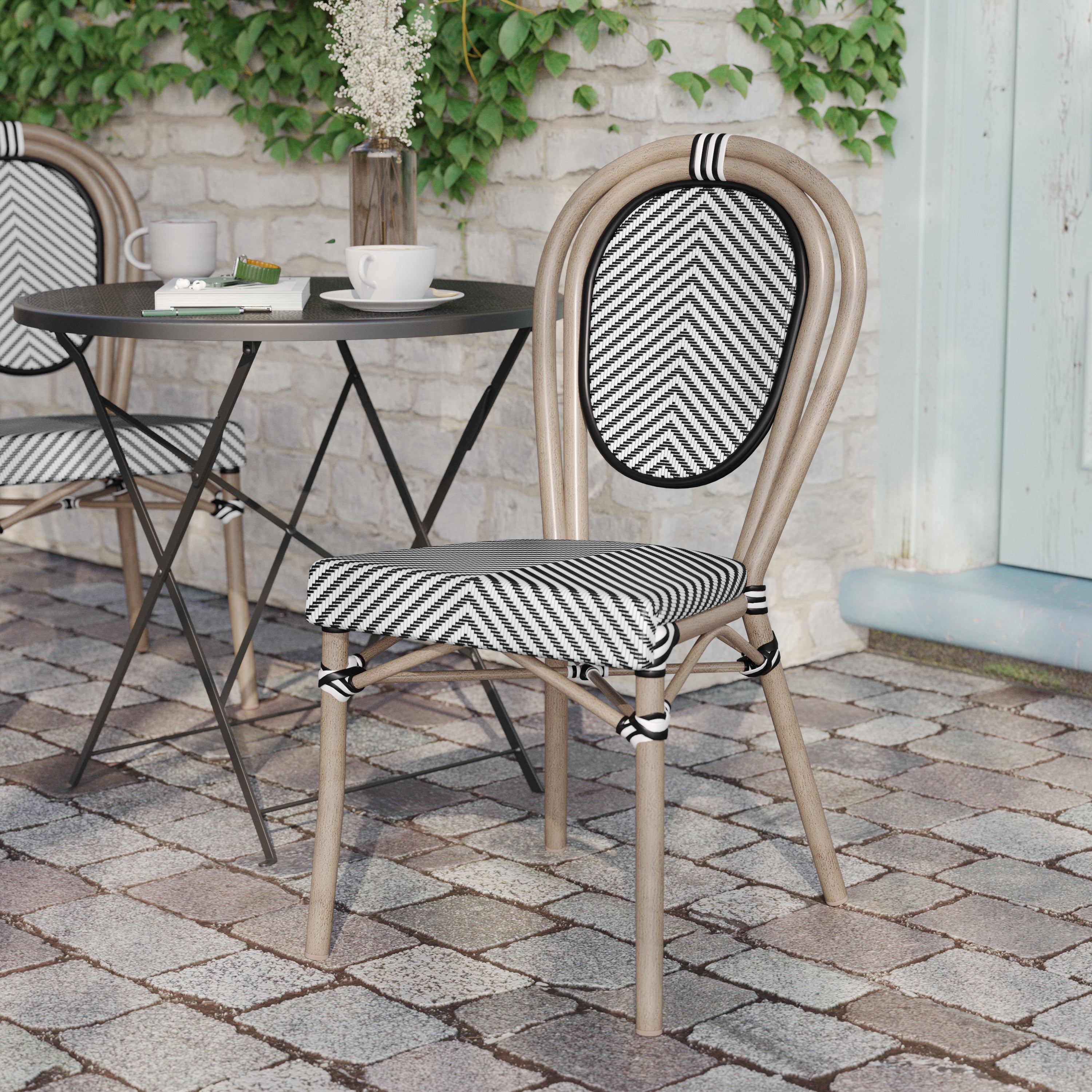 Marseille Indoor/Outdoor Commercial Thonet Bistro Stacking Chair, Black/White Textilene and Bamboo Print Aluminum Frame in LT Natural