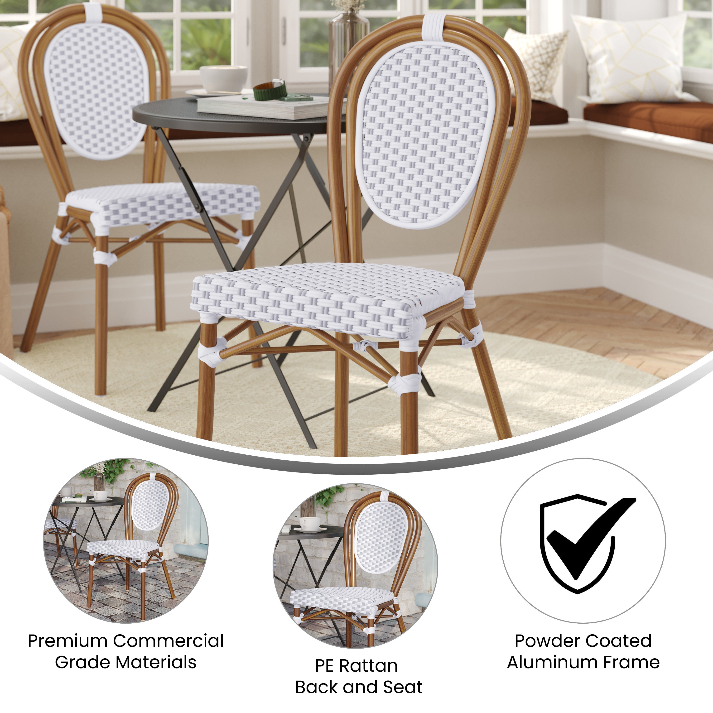 Lourdes Indoor/Outdoor Commercial Thonet Bistro Stacking Chair, White and Gray PE Rattan and Bamboo Print Aluminum Frame in Natural