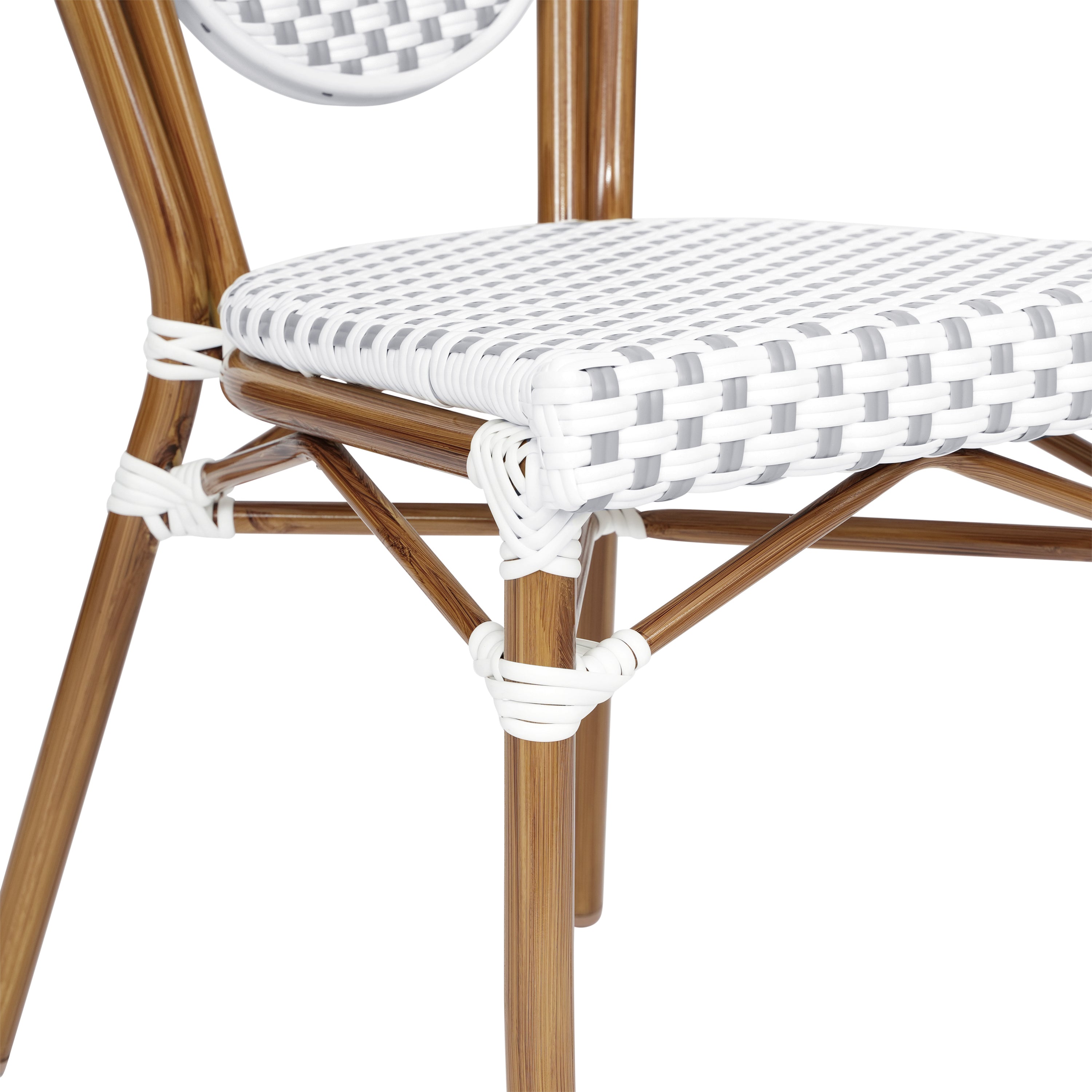 Lourdes Indoor/Outdoor Commercial Thonet Bistro Stacking Chair, White and Gray PE Rattan and Bamboo Print Aluminum Frame in Natural