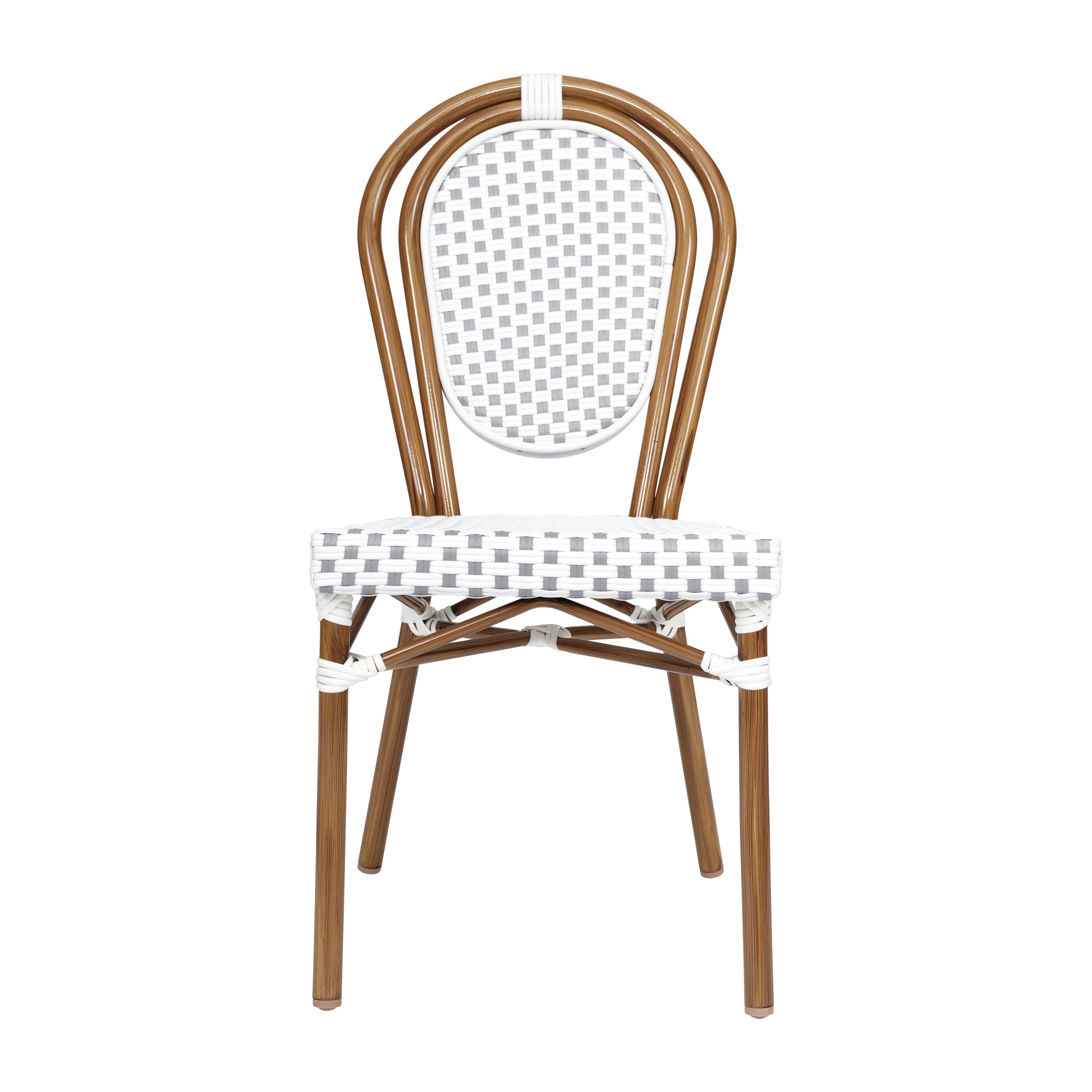 Lourdes Indoor/Outdoor Commercial Thonet Bistro Stacking Chair, White and Gray PE Rattan and Bamboo Print Aluminum Frame in Natural