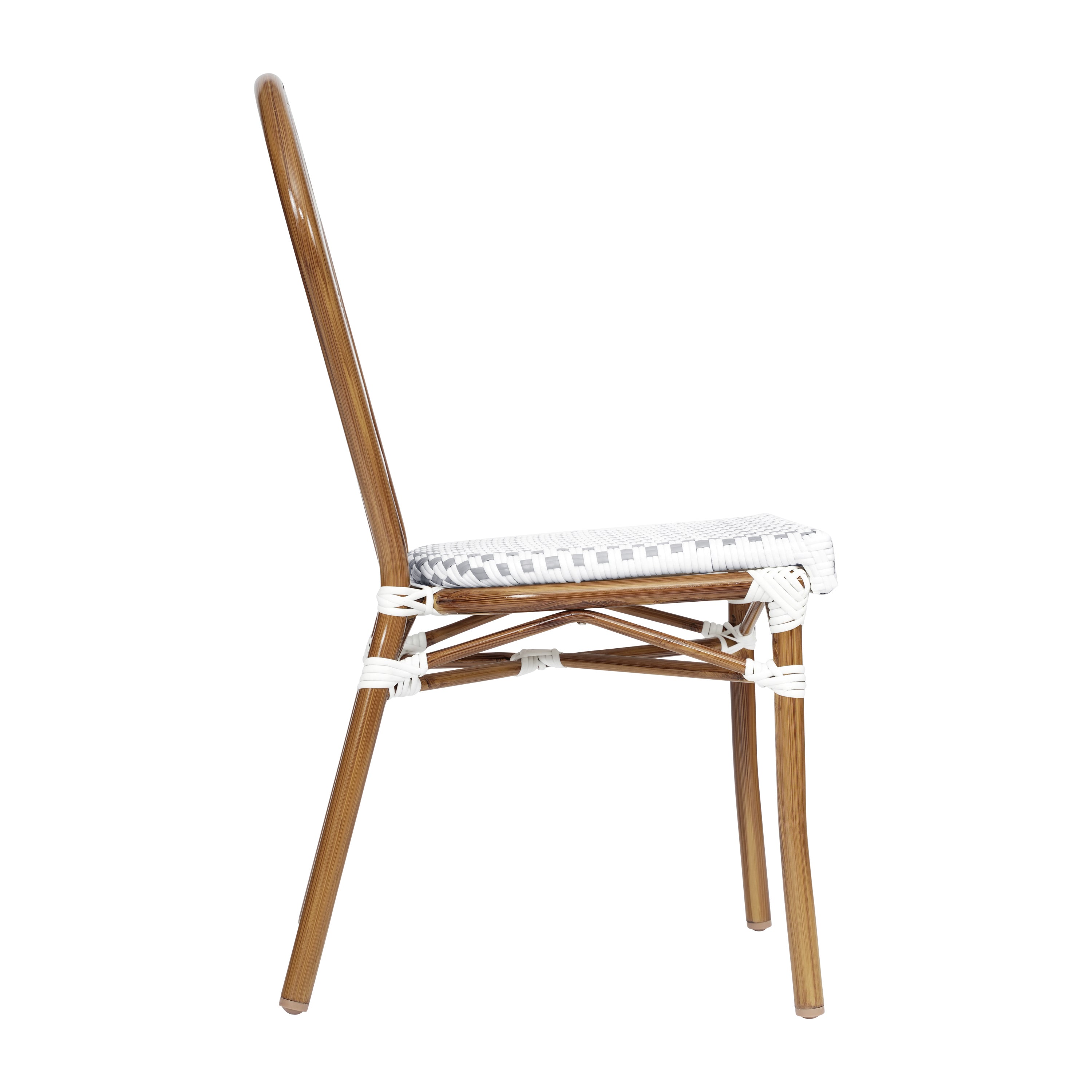 Lourdes Indoor/Outdoor Commercial Thonet Bistro Stacking Chair, White and Gray PE Rattan and Bamboo Print Aluminum Frame in Natural