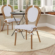 Lourdes Indoor/Outdoor Commercial Thonet Bistro Stacking Chair, White and Gray PE Rattan and Bamboo Print Aluminum Frame in Natural