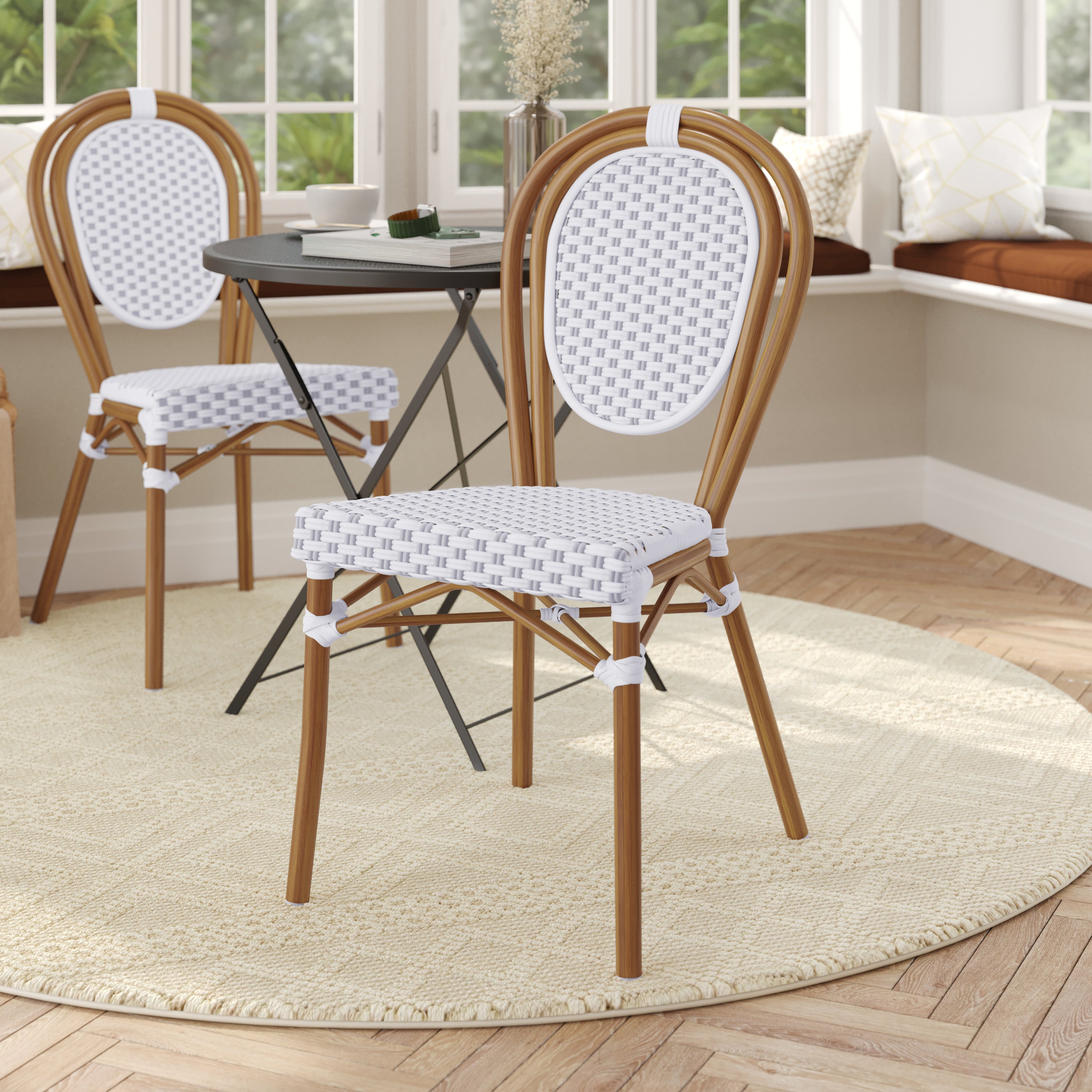 Lourdes Indoor/Outdoor Commercial Thonet Bistro Stacking Chair, White and Gray PE Rattan and Bamboo Print Aluminum Frame in Natural