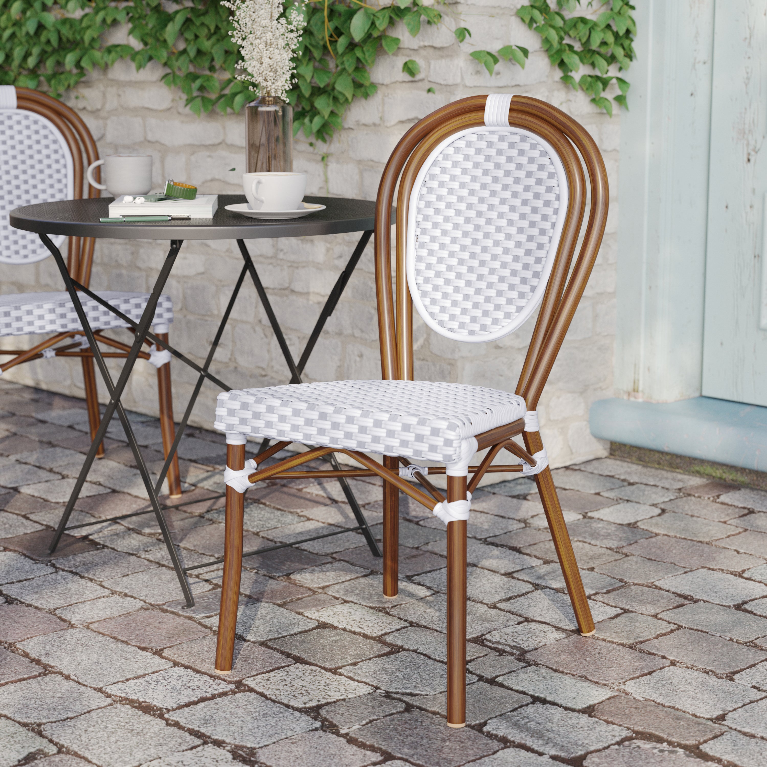 Lourdes Indoor/Outdoor Commercial Thonet Bistro Stacking Chair, White and Gray PE Rattan and Bamboo Print Aluminum Frame in Natural