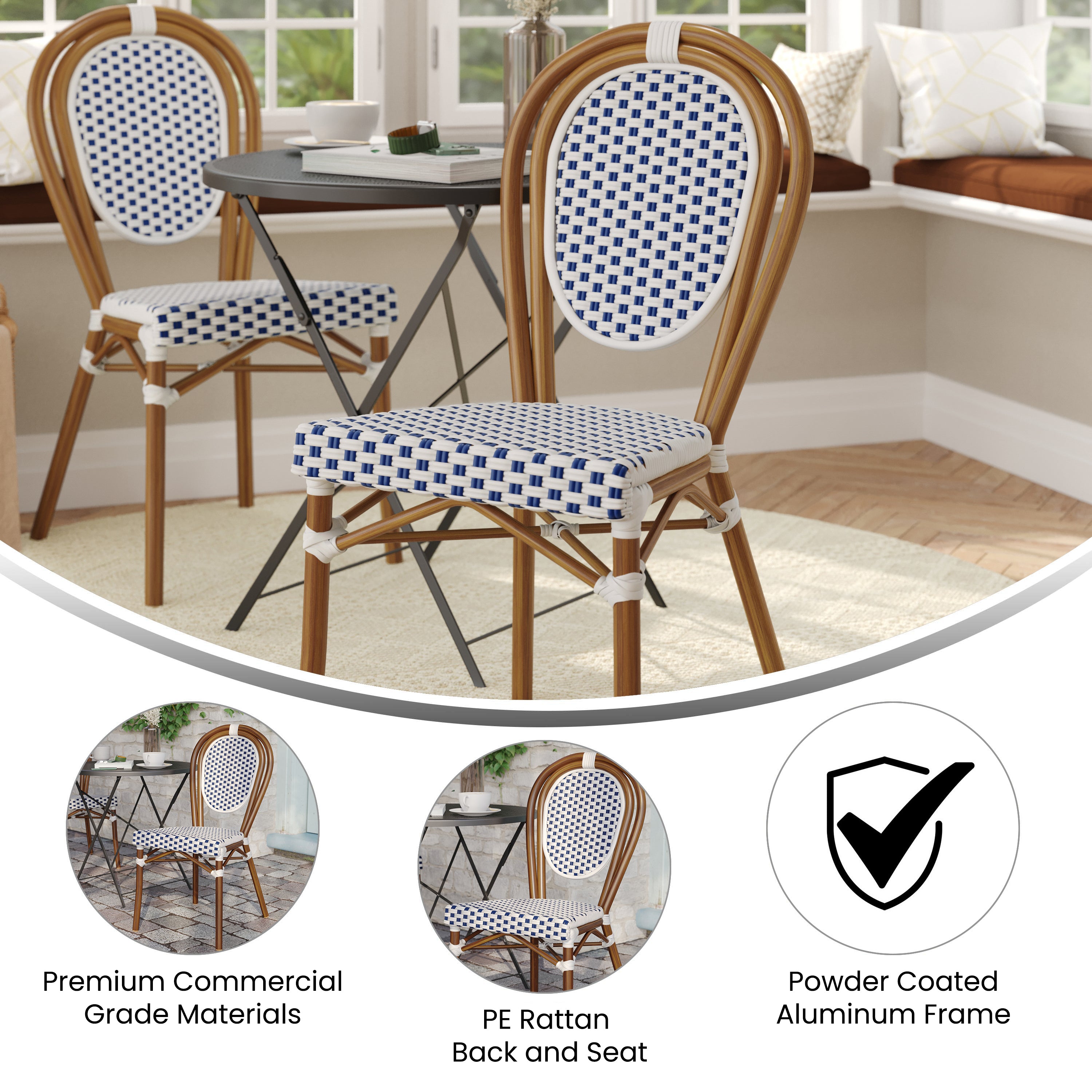 Lourdes Indoor/Outdoor Commercial Thonet Bistro Stacking Chair, White and Navy PE Rattan and Bamboo Print Aluminum Frame in Natural