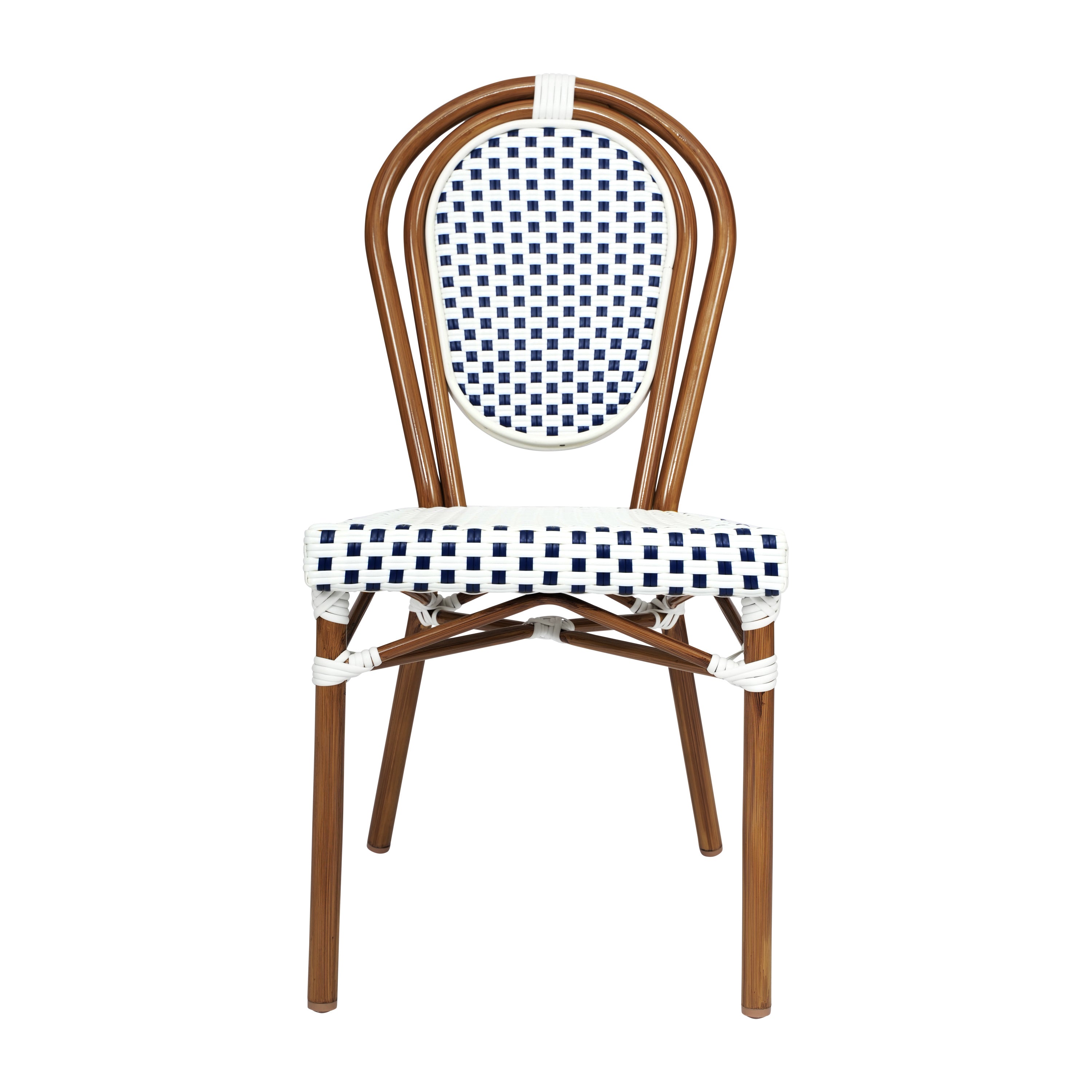 Lourdes Indoor/Outdoor Commercial Thonet Bistro Stacking Chair, White and Navy PE Rattan and Bamboo Print Aluminum Frame in Natural