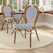 Lourdes Indoor/Outdoor Commercial Thonet Bistro Stacking Chair, White and Navy PE Rattan and Bamboo Print Aluminum Frame in Natural