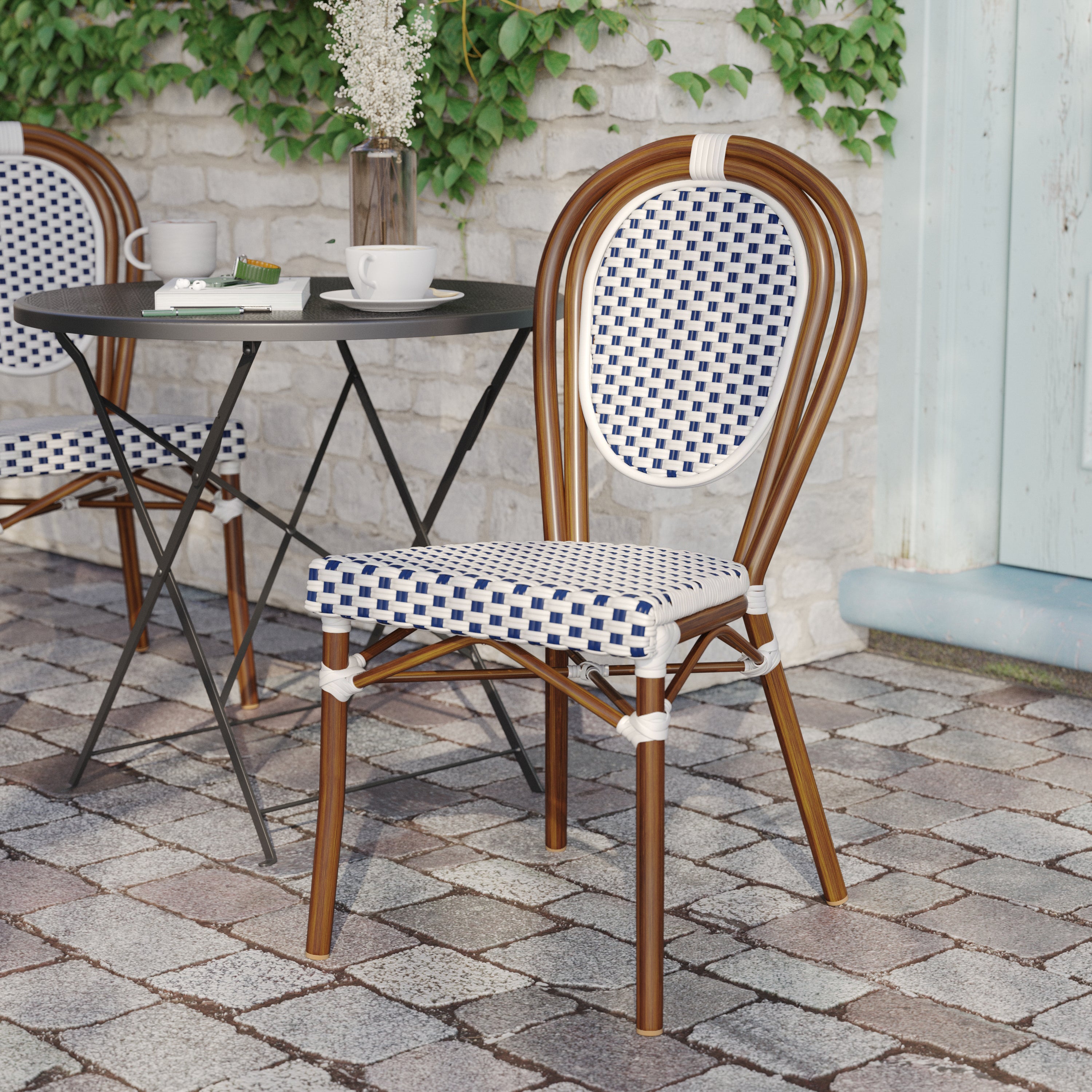 Lourdes Indoor/Outdoor Commercial Thonet Bistro Stacking Chair, White and Navy PE Rattan and Bamboo Print Aluminum Frame in Natural