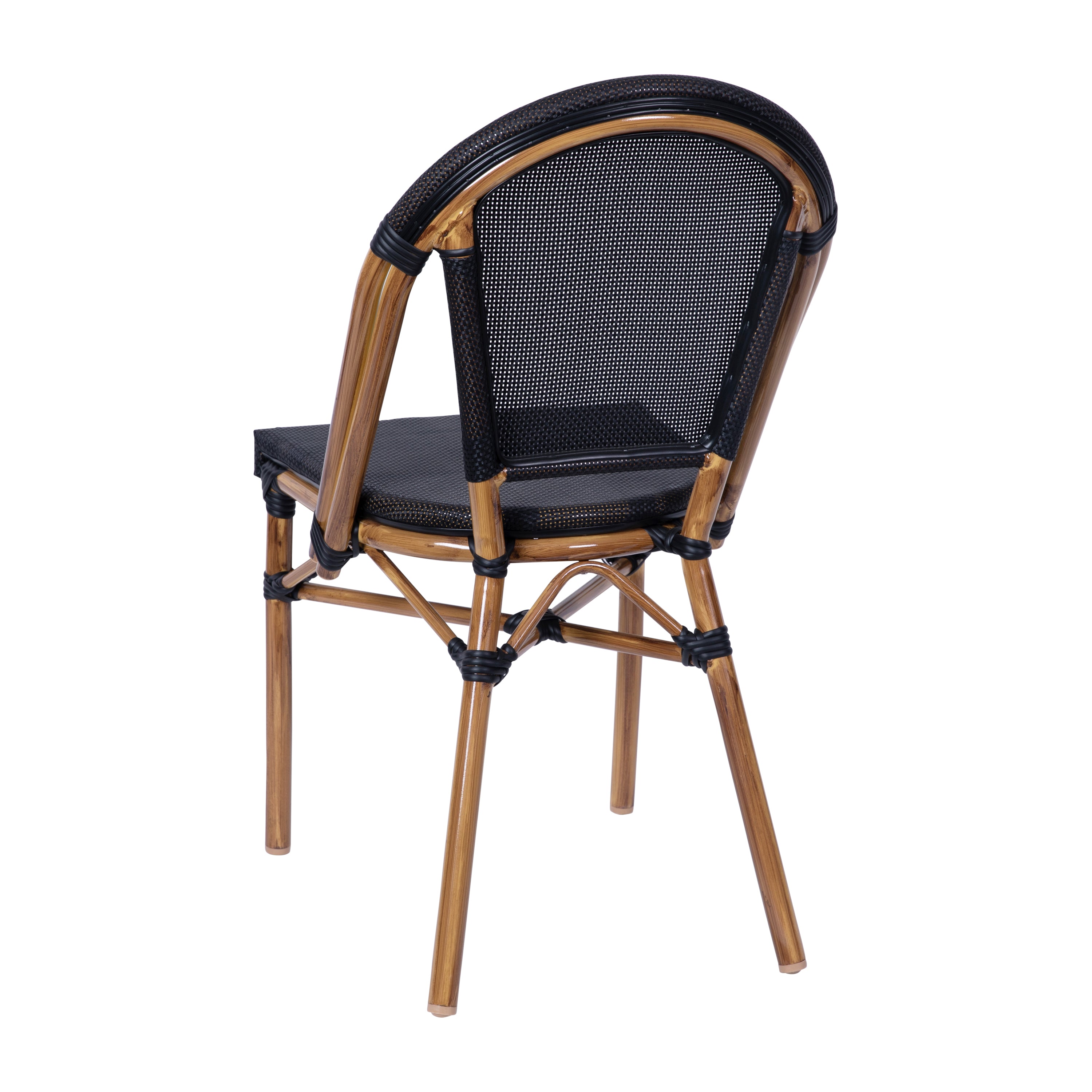 Marseille Indoor/Outdoor Commercial Bistro Stacking Chair, Black Textilene Back and Seat, Bamboo Print Aluminum Frame in Natural