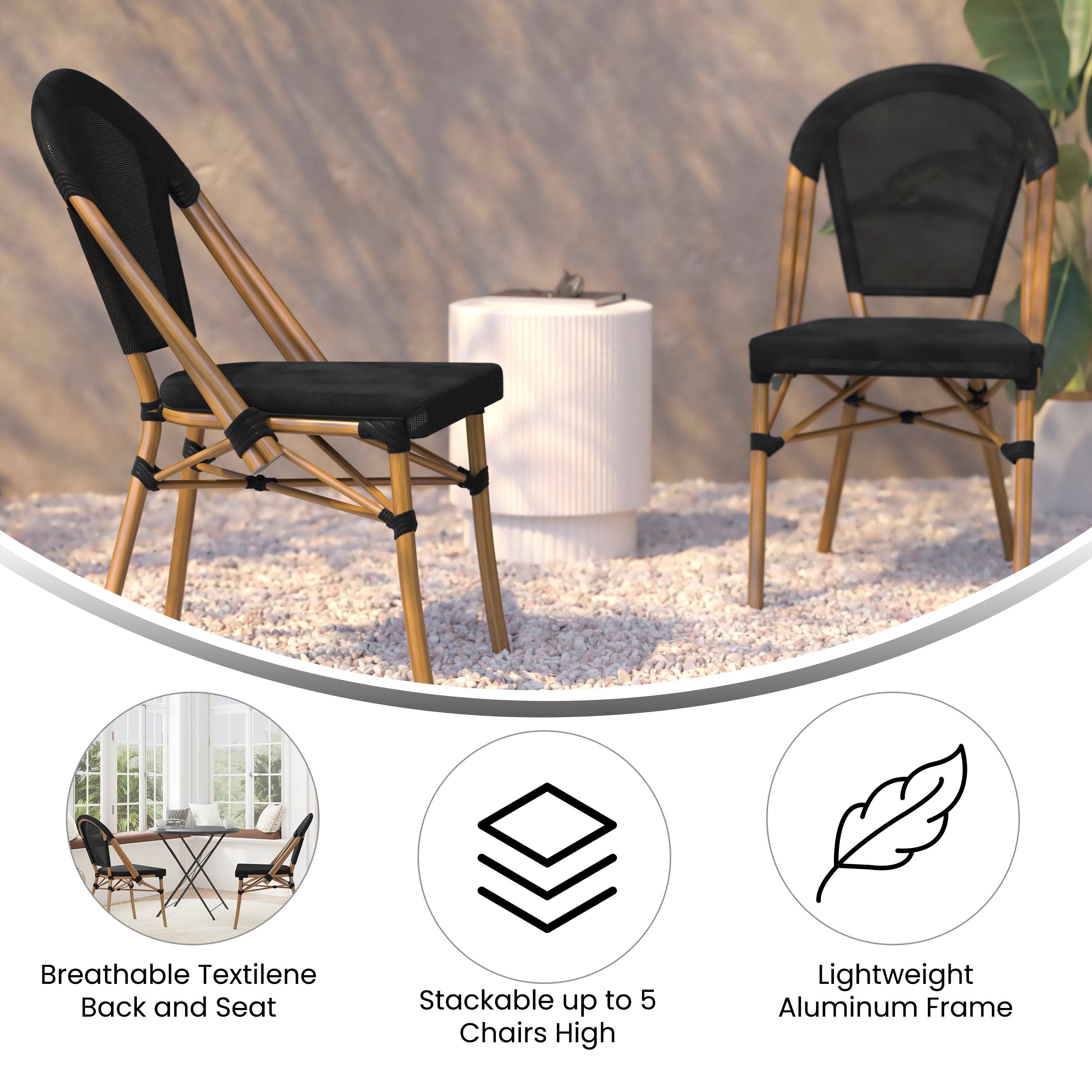 Marseille Indoor/Outdoor Commercial Bistro Stacking Chair, Black Textilene Back and Seat, Bamboo Print Aluminum Frame in Natural