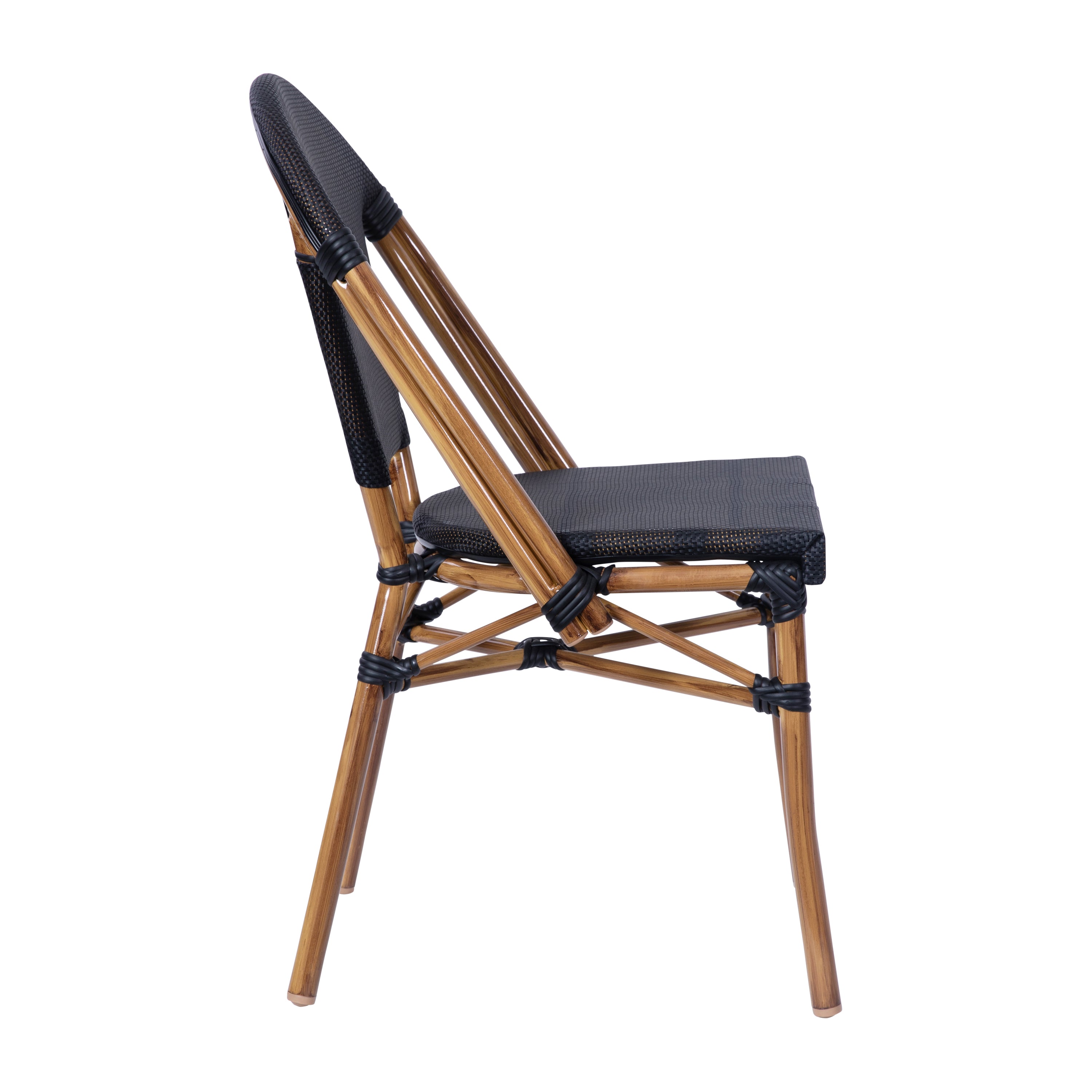 Marseille Indoor/Outdoor Commercial Bistro Stacking Chair, Black Textilene Back and Seat, Bamboo Print Aluminum Frame in Natural