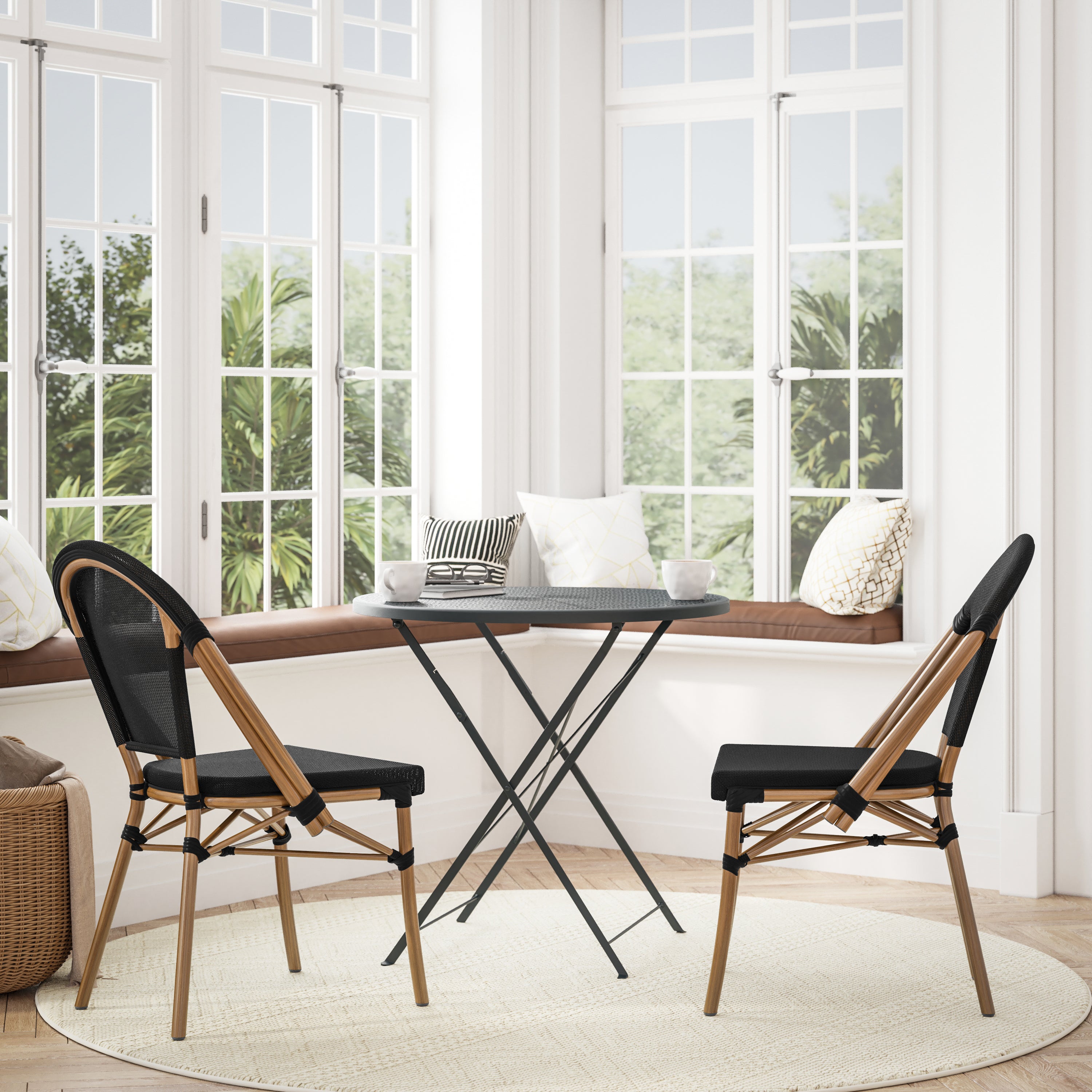 Marseille Indoor/Outdoor Commercial Bistro Stacking Chair, Black Textilene Back and Seat, Bamboo Print Aluminum Frame in Natural