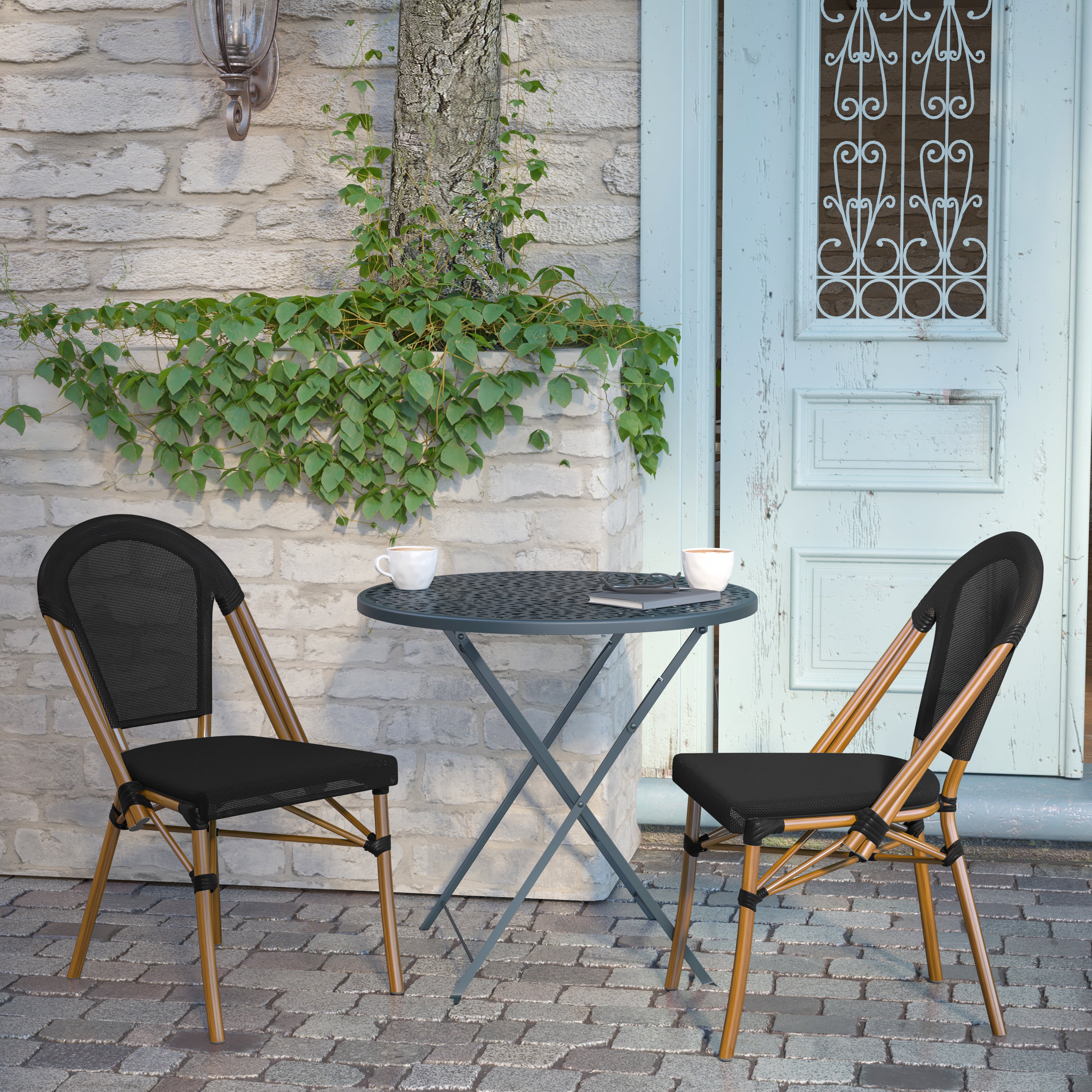 Marseille Indoor/Outdoor Commercial Bistro Stacking Chair, Black Textilene Back and Seat, Bamboo Print Aluminum Frame in Natural