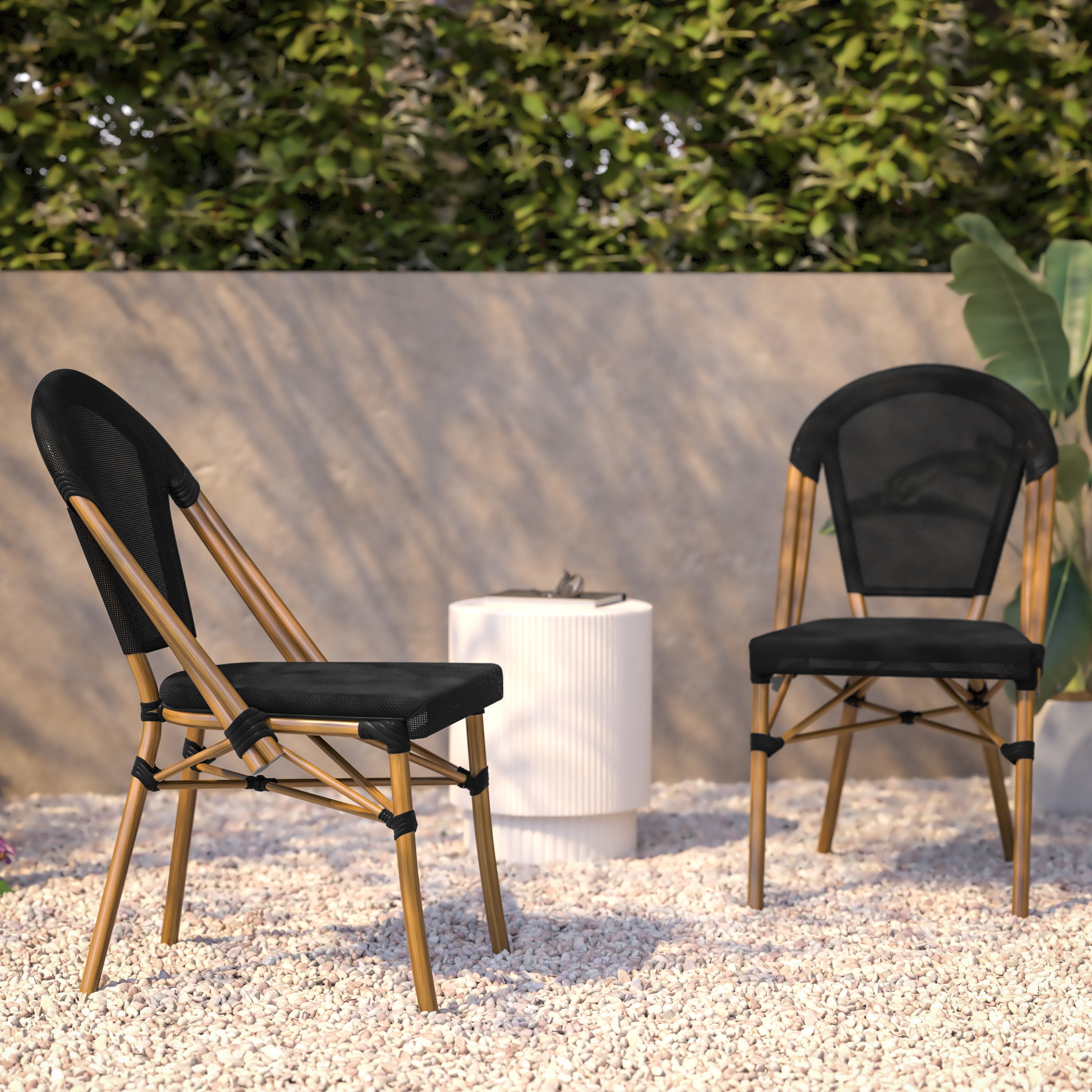 Marseille Indoor/Outdoor Commercial Bistro Stacking Chair, Black Textilene Back and Seat, Bamboo Print Aluminum Frame in Natural
