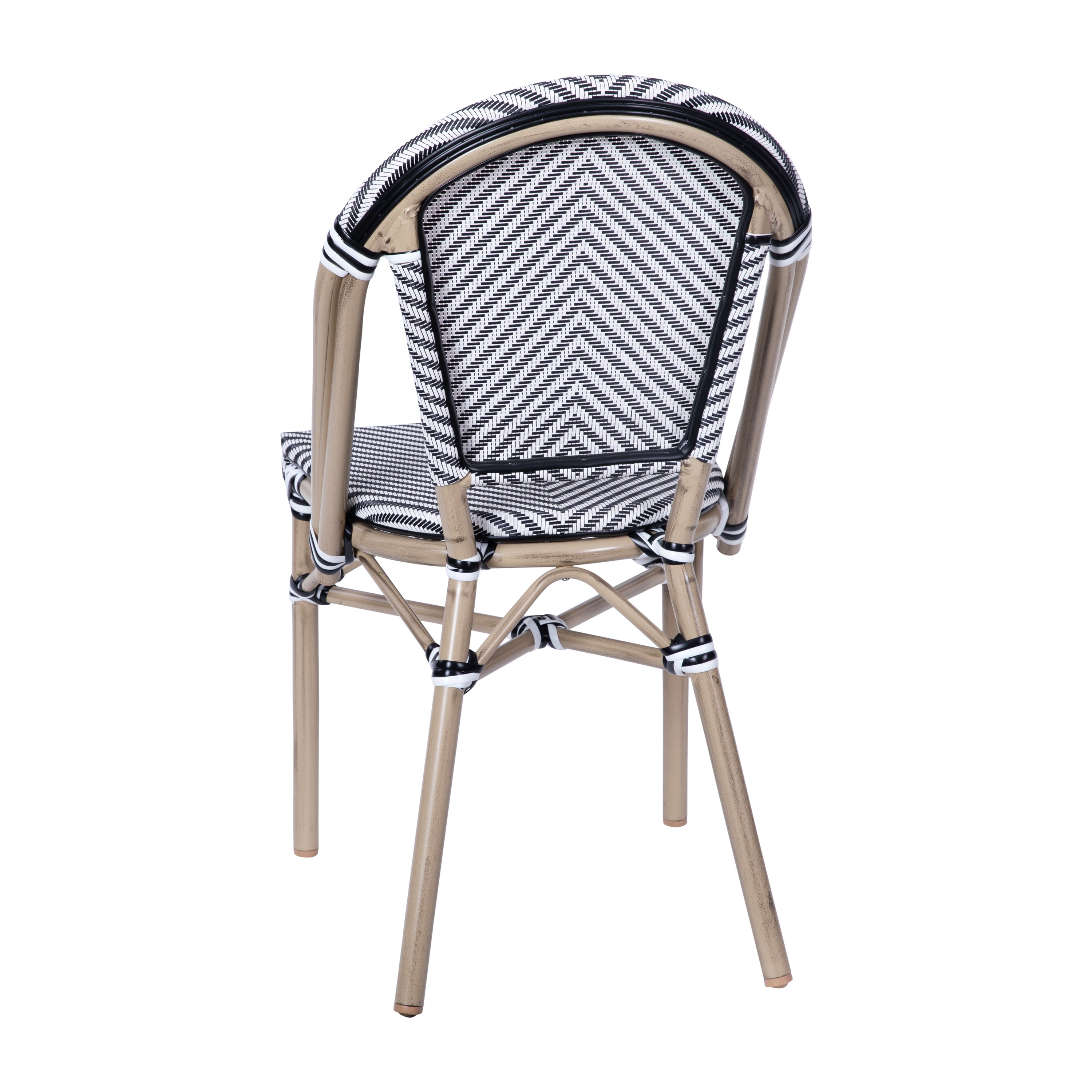 Marseille Indoor/Outdoor Commercial Bistro Stacking Chair, Black/White Textilene Back and Seat, Bamboo Print Aluminum Frame in Light Natural