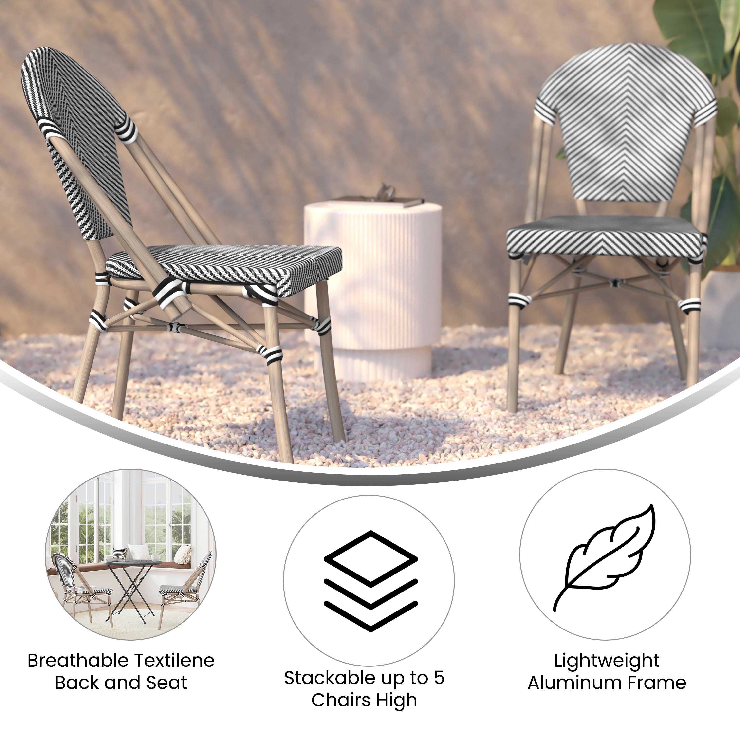Marseille Indoor/Outdoor Commercial Bistro Stacking Chair, Black/White Textilene Back and Seat, Bamboo Print Aluminum Frame in Light Natural