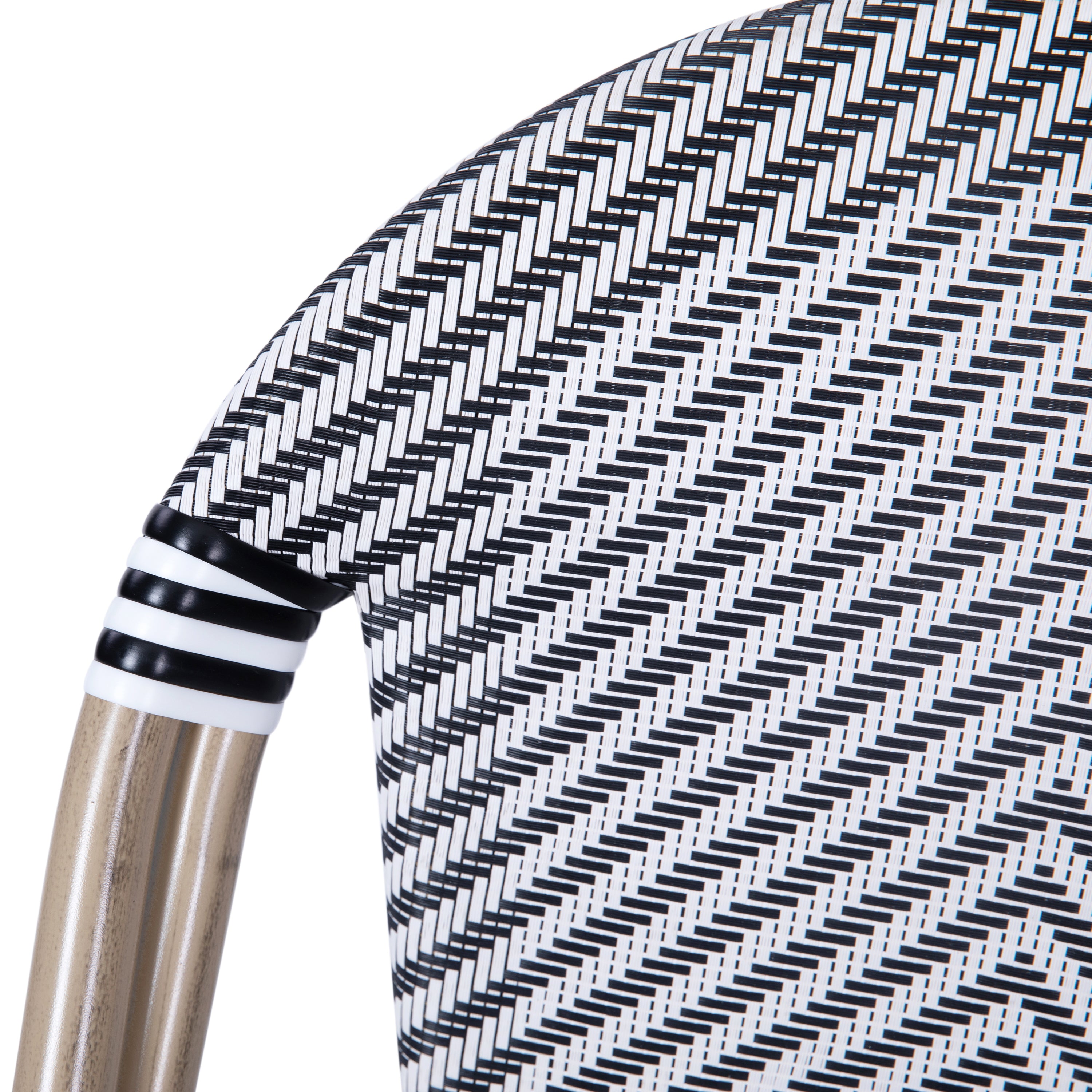 Marseille Indoor/Outdoor Commercial Bistro Stacking Chair, Black/White Textilene Back and Seat, Bamboo Print Aluminum Frame in Light Natural