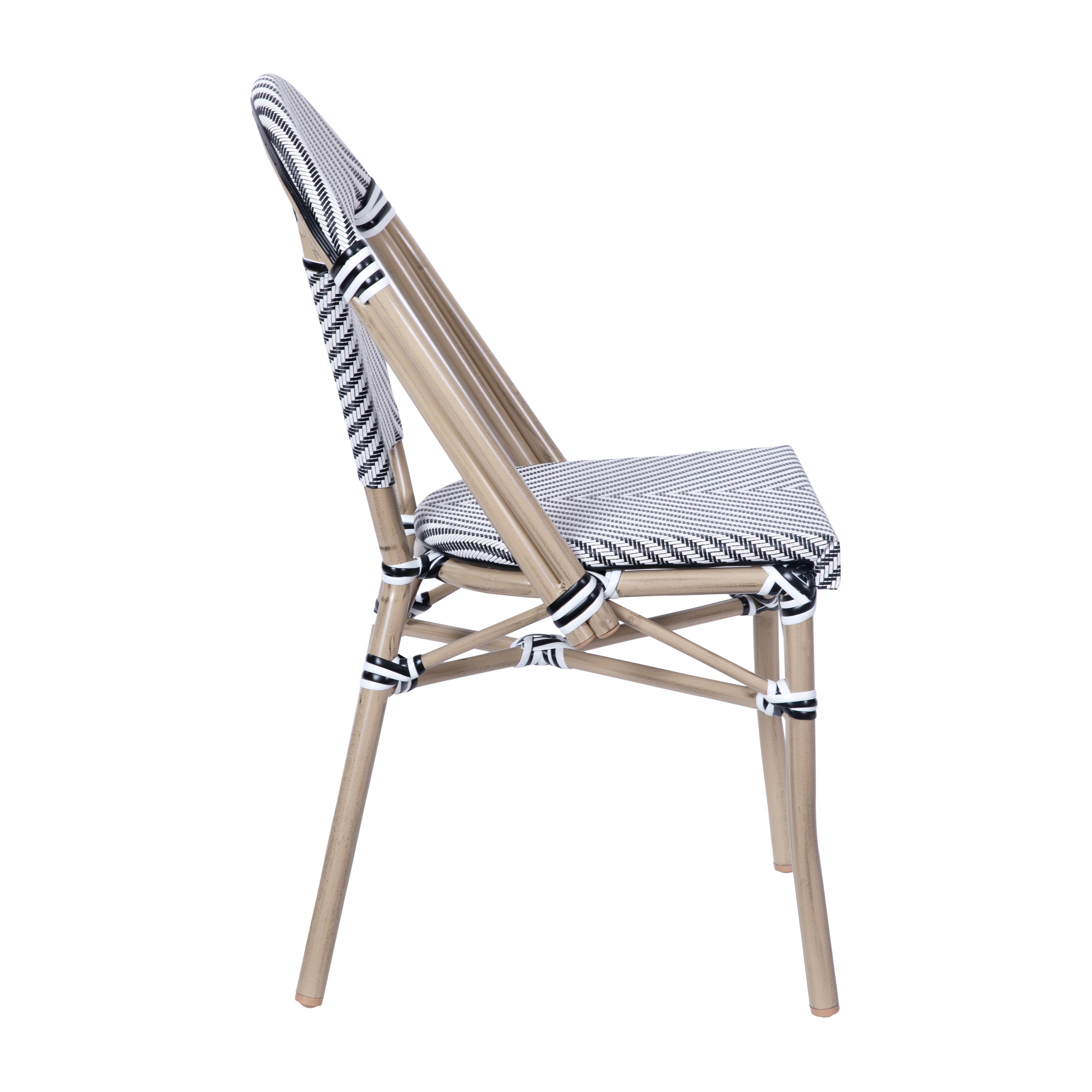 Marseille Indoor/Outdoor Commercial Bistro Stacking Chair, Black/White Textilene Back and Seat, Bamboo Print Aluminum Frame in Light Natural
