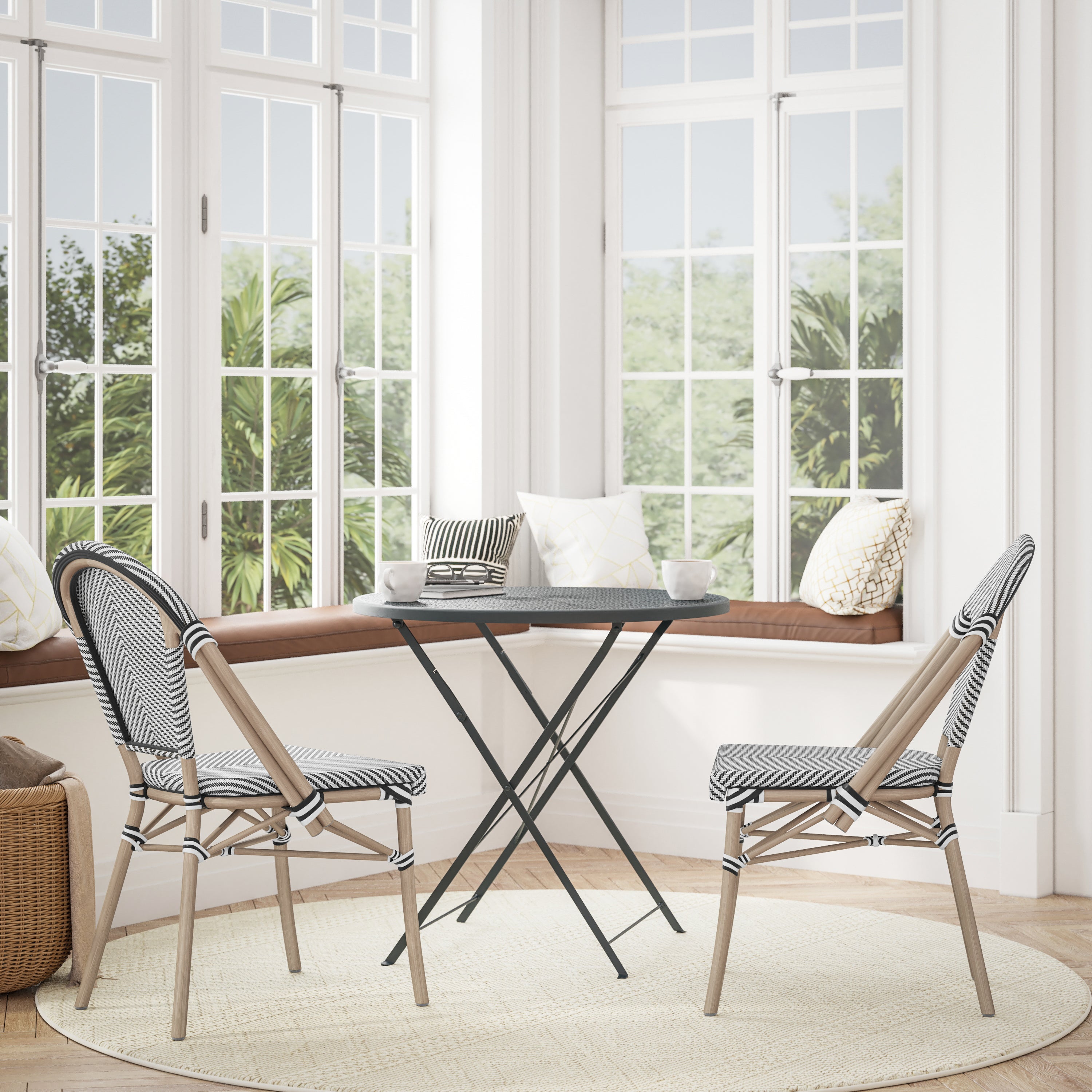 Marseille Indoor/Outdoor Commercial Bistro Stacking Chair, Black/White Textilene Back and Seat, Bamboo Print Aluminum Frame in Light Natural