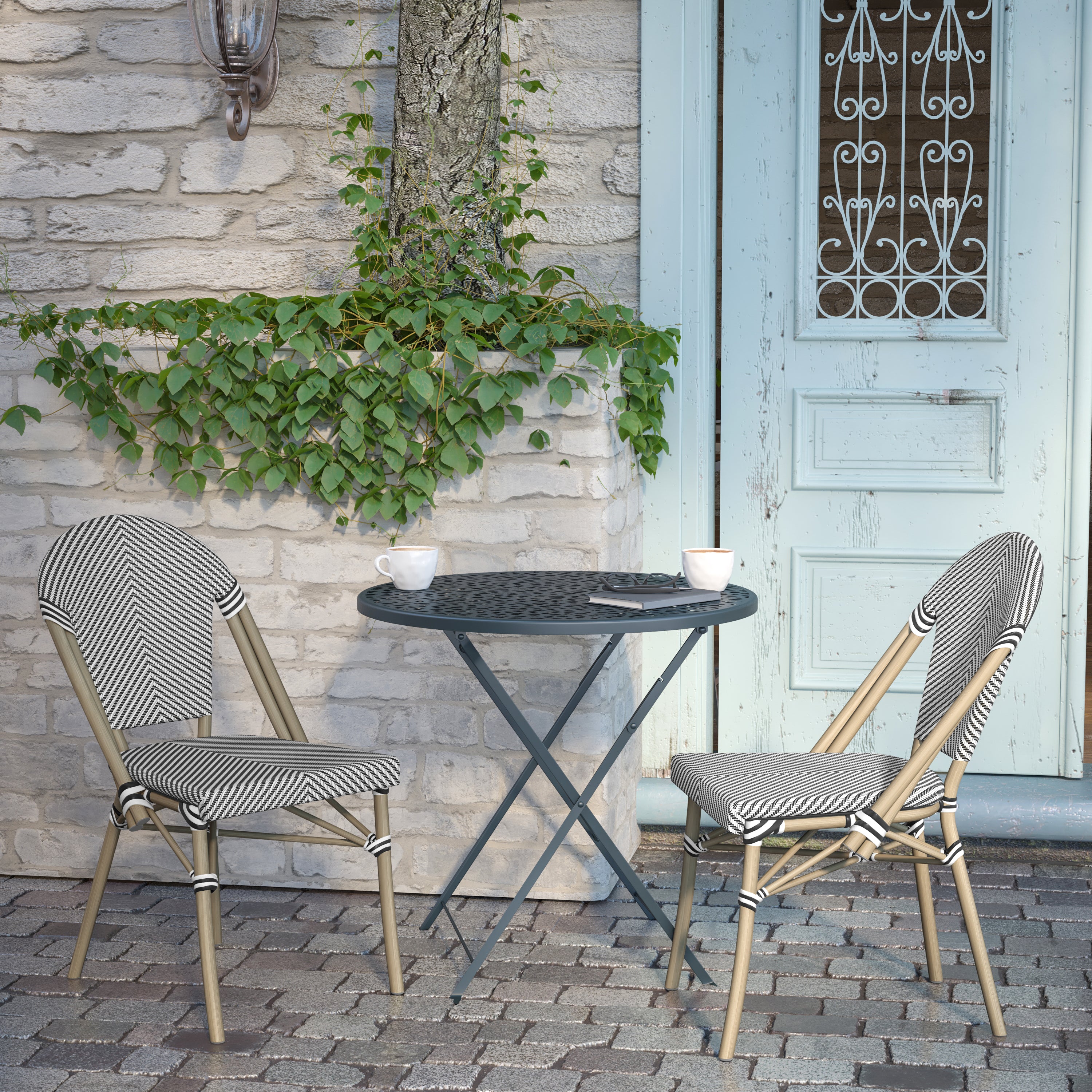 Marseille Indoor/Outdoor Commercial Bistro Stacking Chair, Black/White Textilene Back and Seat, Bamboo Print Aluminum Frame in Light Natural