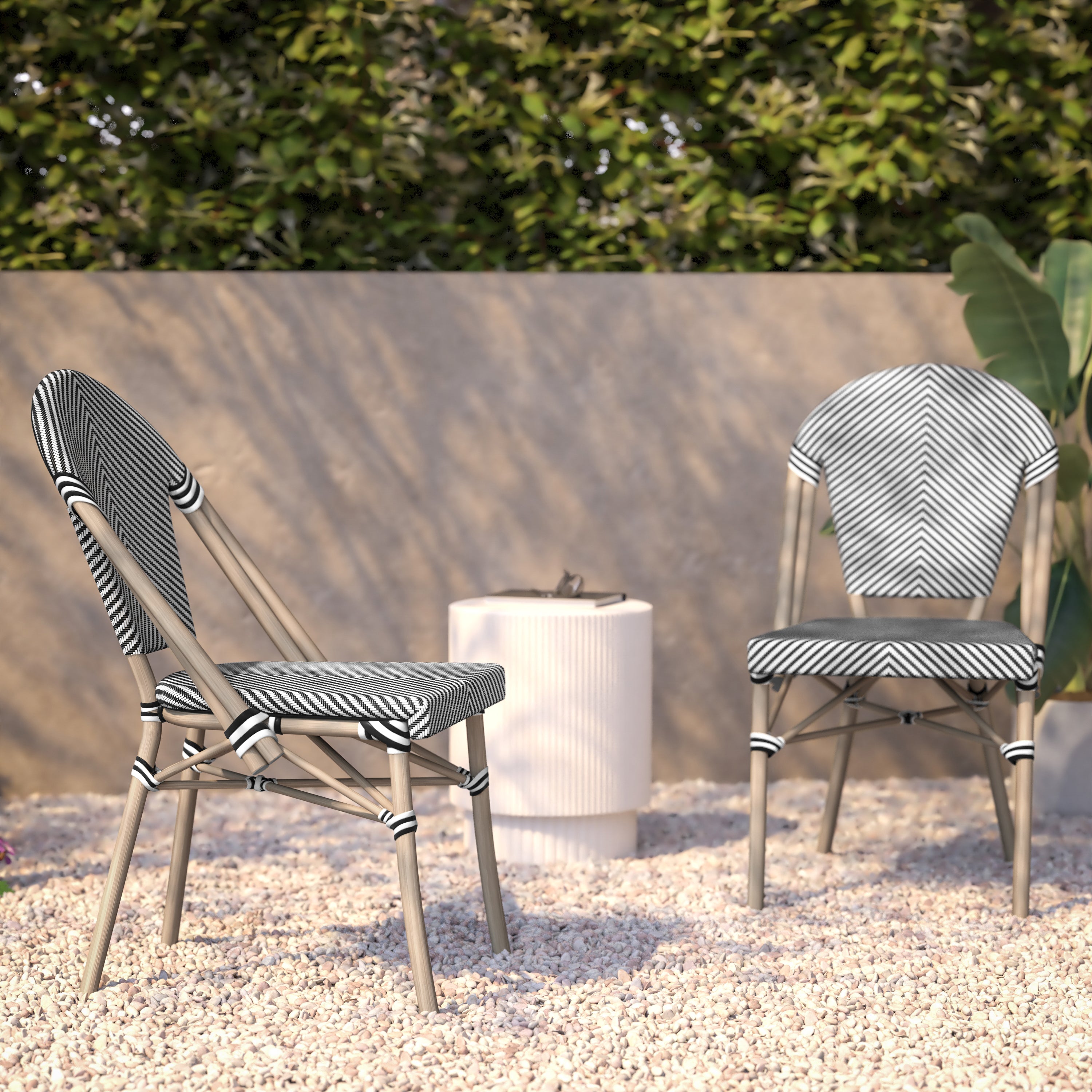 Marseille Indoor/Outdoor Commercial Bistro Stacking Chair, Black/White Textilene Back and Seat, Bamboo Print Aluminum Frame in Light Natural