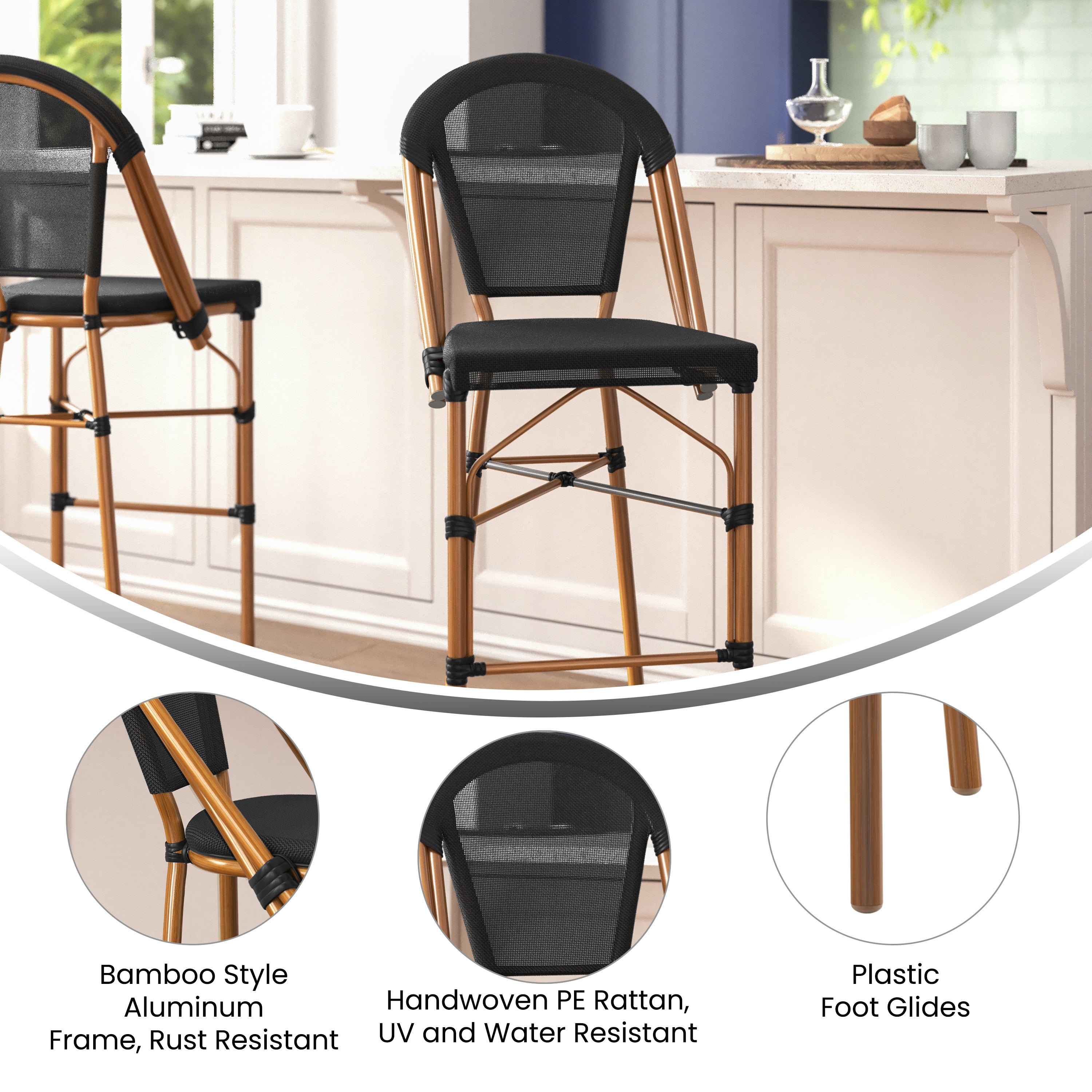 Marseille Stackable Indoor/Outdoor Bistro 30" High Barstool, Commercial Grade, Black and Bamboo Finish
