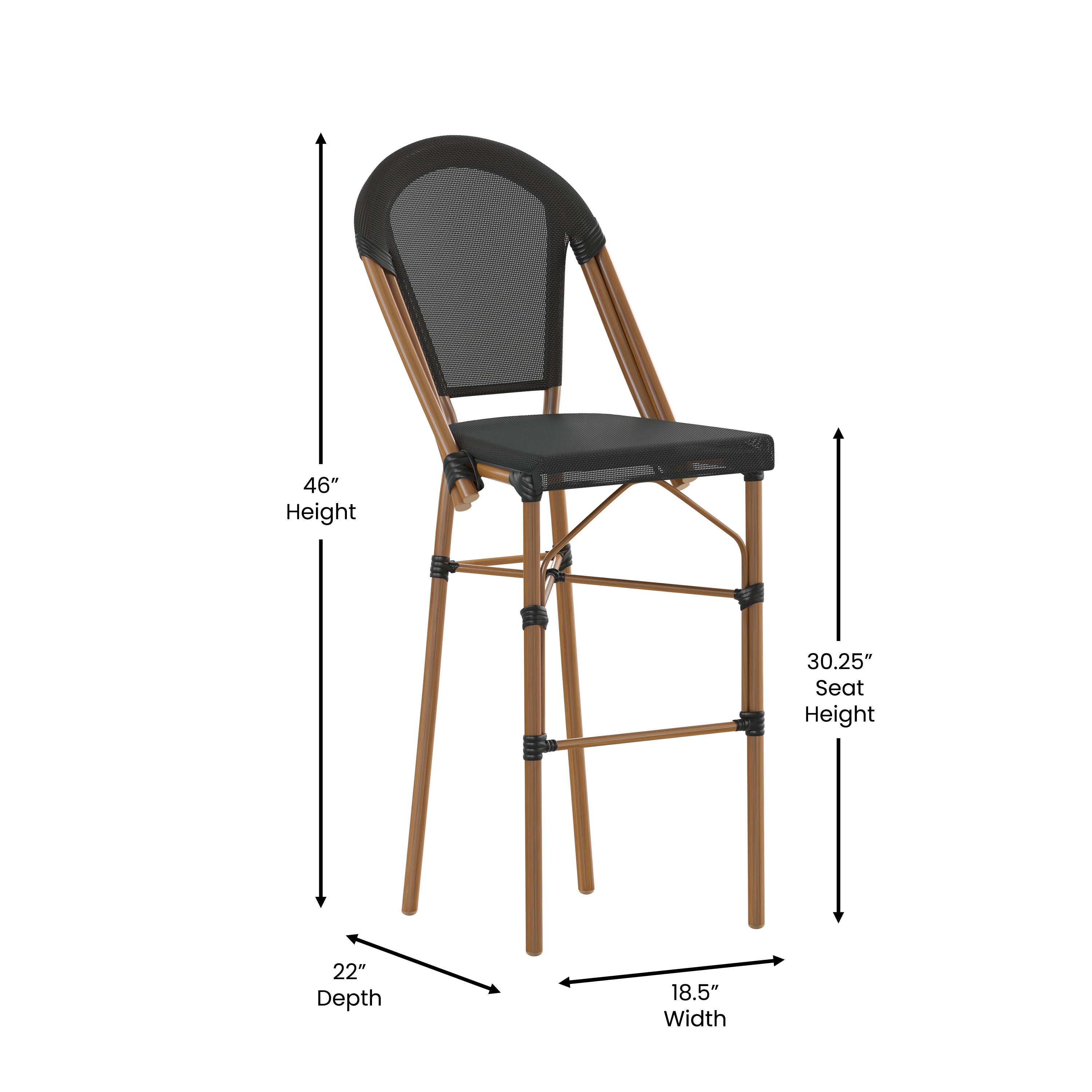 Marseille Stackable Indoor/Outdoor Bistro 30" High Barstool, Commercial Grade, Black and Bamboo Finish