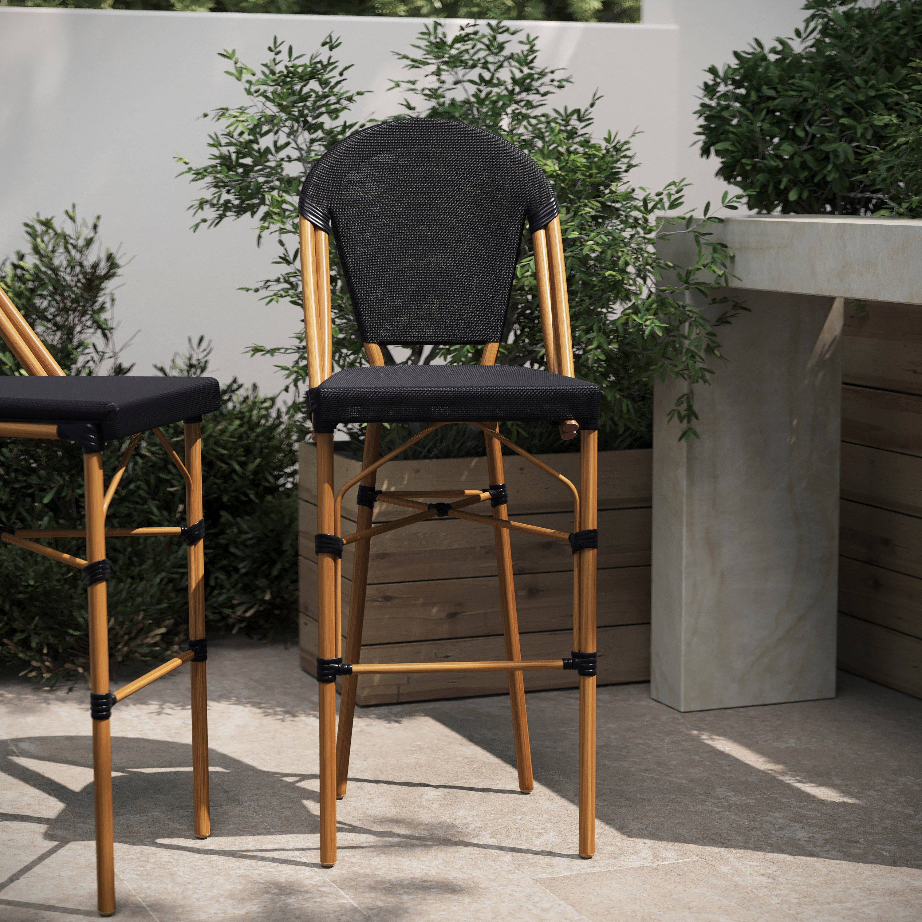 Marseille Stackable Indoor/Outdoor Bistro 30" High Barstool, Commercial Grade, Black and Bamboo Finish