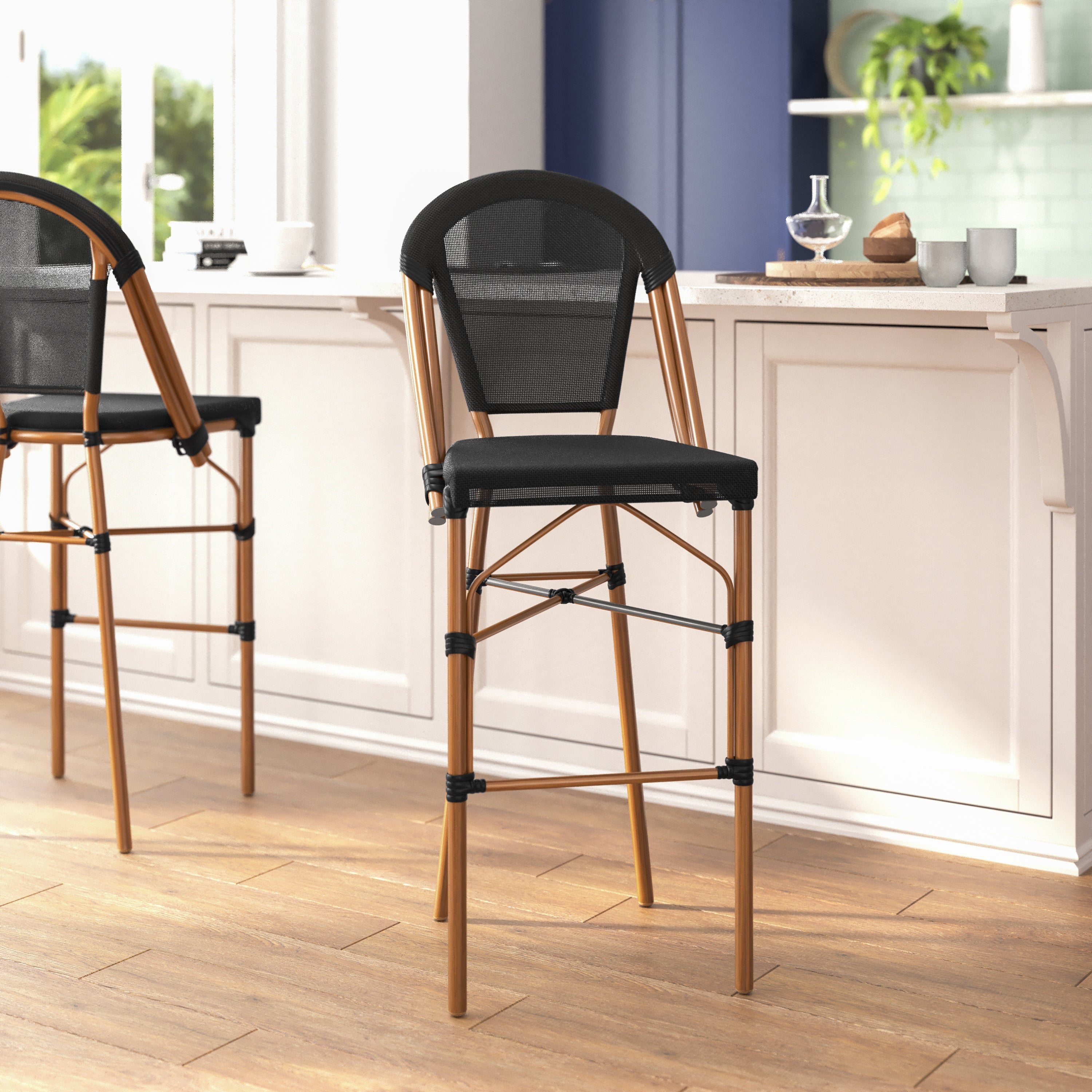 Marseille Stackable Indoor/Outdoor Bistro 30" High Barstool, Commercial Grade, Black and Bamboo Finish